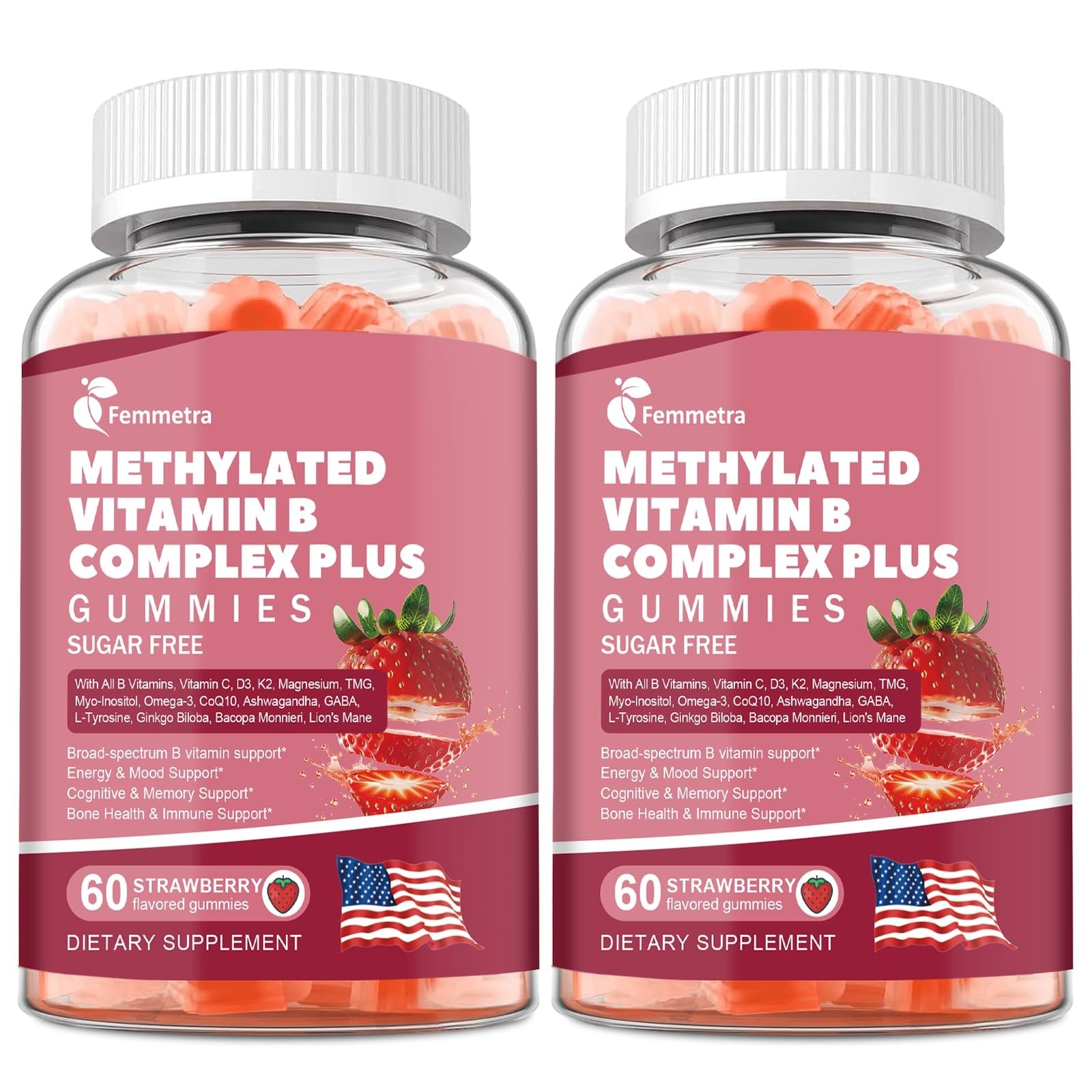 Femmetra Ultra Methylated Vitamin B Complex sugar-free gummies with all B vitamins, shown in a clear container with colorful gummies inside.