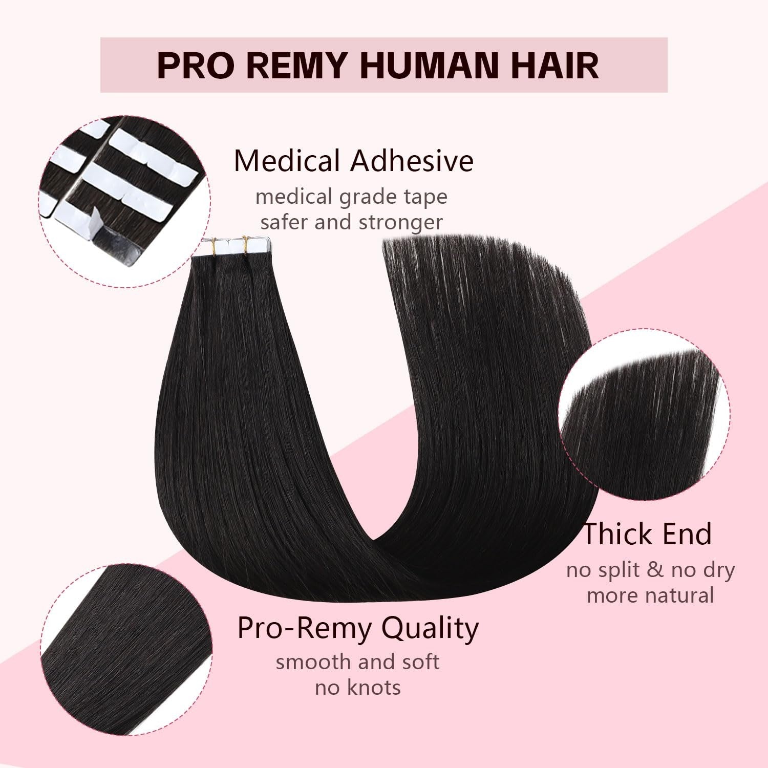 Natural black Sweetmet Injection Tape-In Hair Extensions by Pro3.01B, showcasing seamless, human hair extensions with a smooth finish.