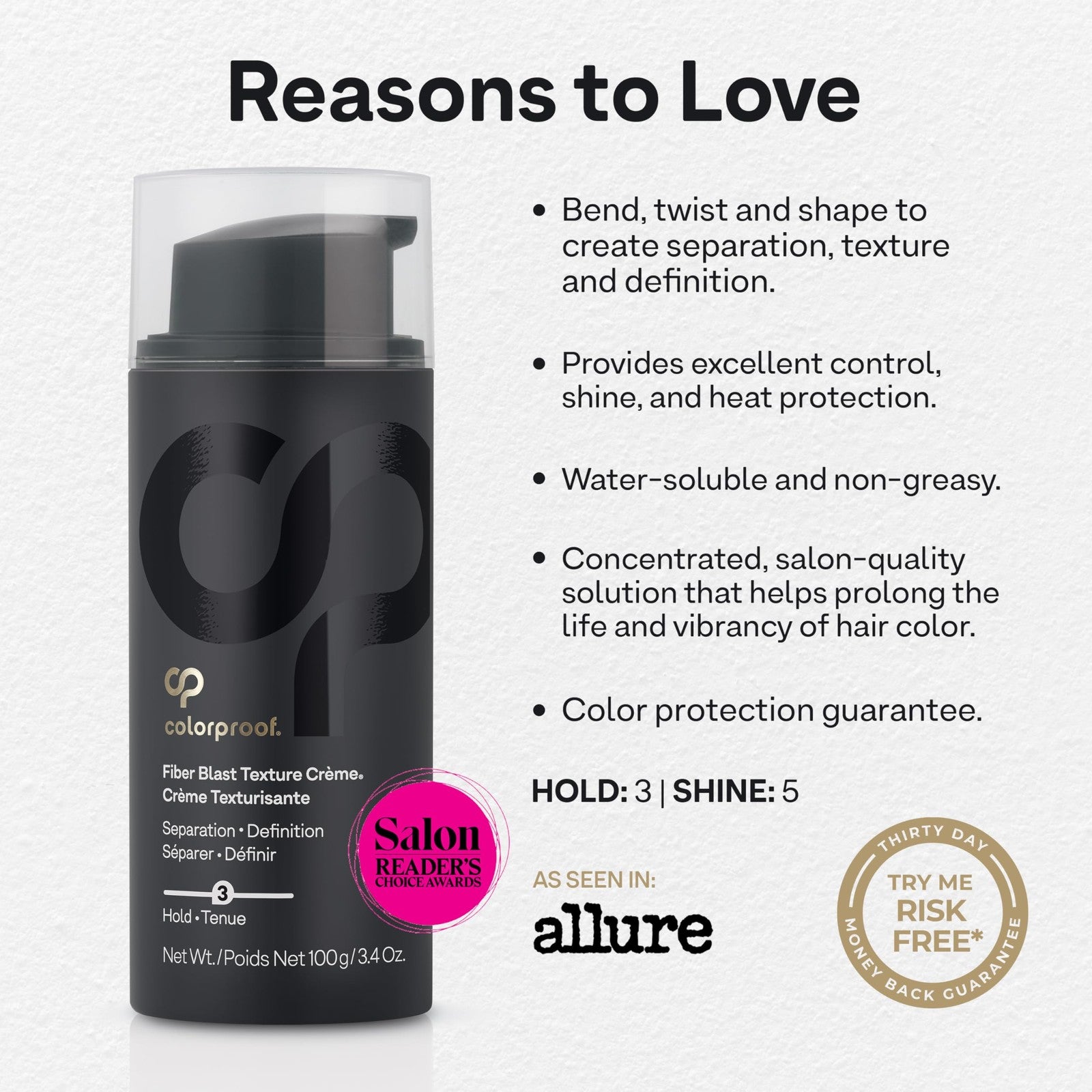 ColorProof Fiber Blast Texture Crème in 3.4oz, hydrating, non-greasy formula with lychee and melon scent, textured hair styling.