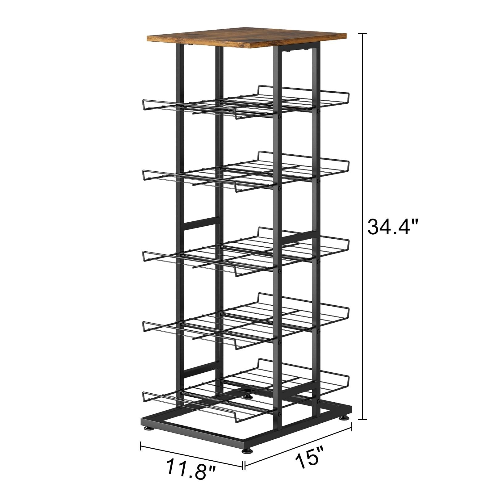 GILLAS 3-8 tier water bottle storage rack with wooden tabletop and metal beverage holder, organized for kitchen or pantry use.