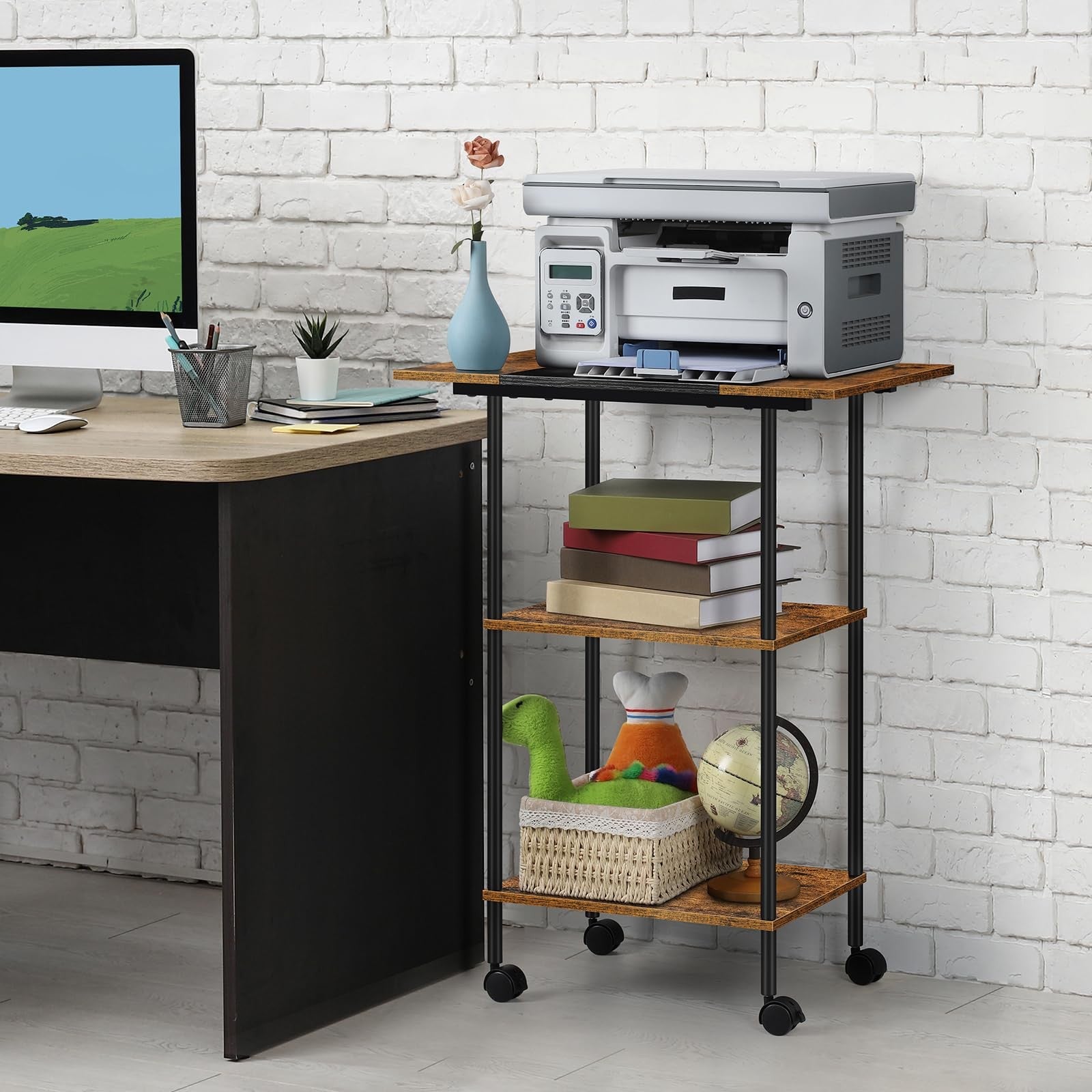 Shinoske 3-tier printer stand with wheels, large storage table for home office printer organization and mobility.