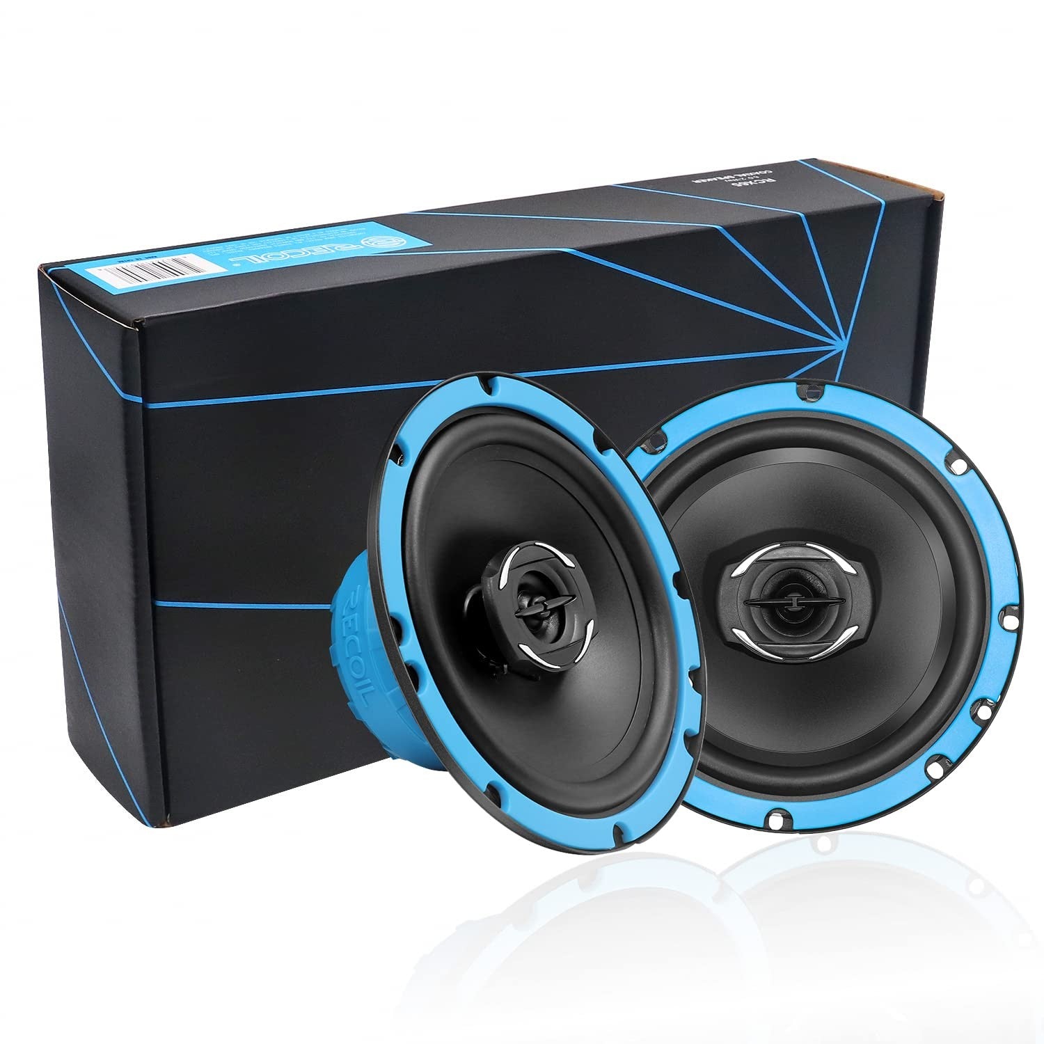 Recoil RCX65 Echo Series 6.5-inch car audio coaxial speaker system showing black speaker cone with mounting frame