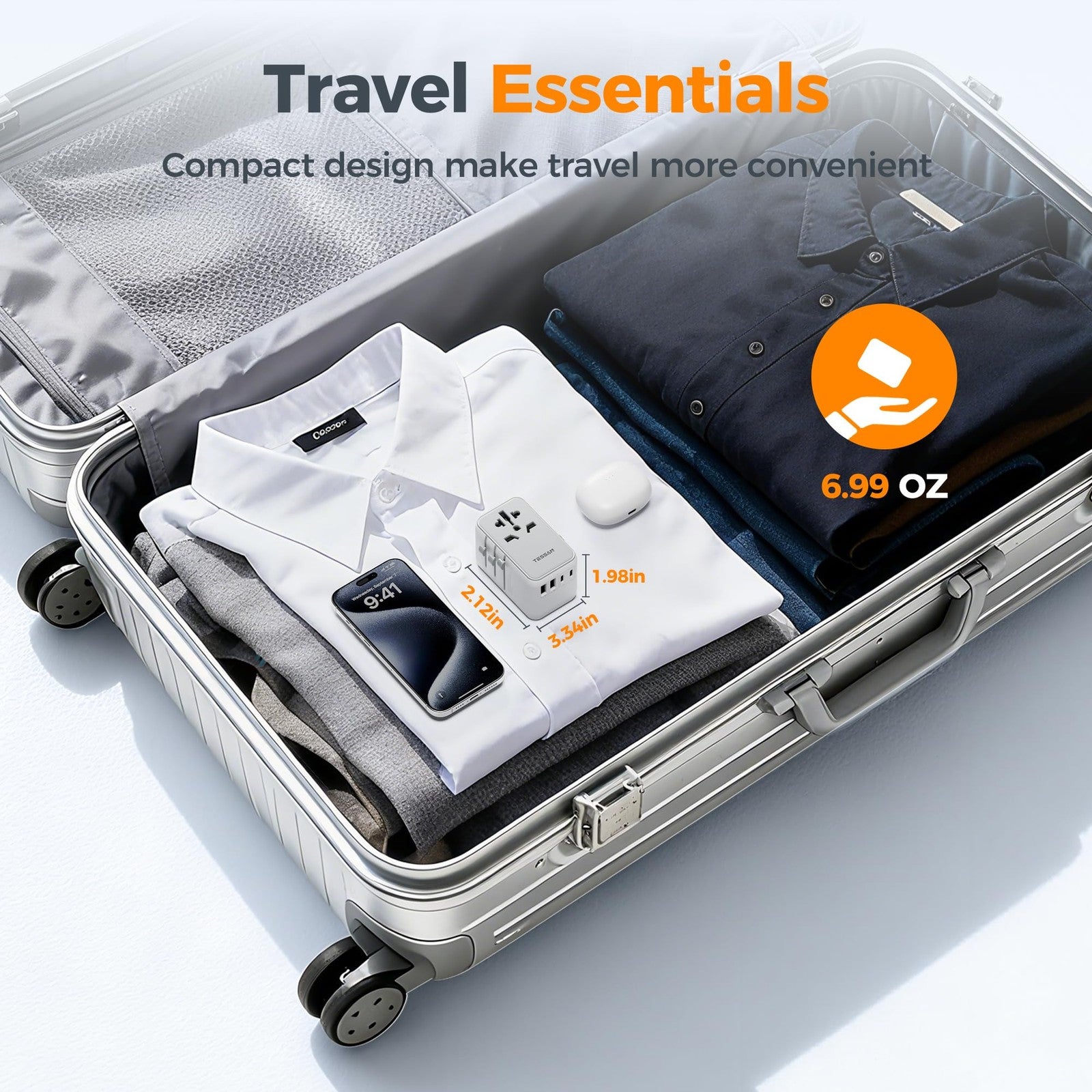 TESSAN universal travel adapter with built-in power outlet, PD 35W GaN technology, compatible with international plug types, compact design