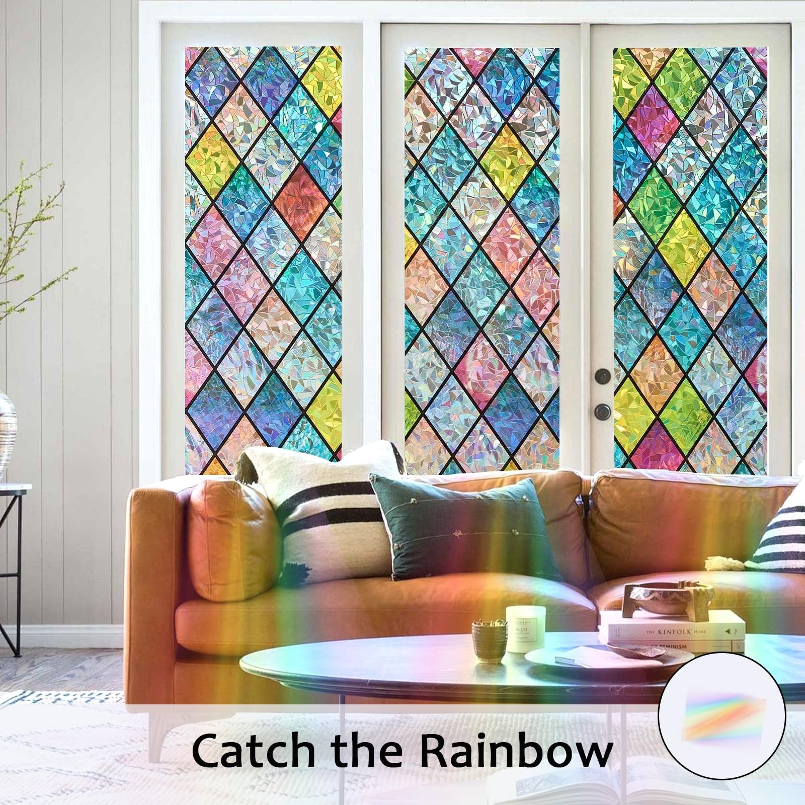Bectosy stained glass window privacy film with decorative stained glass pattern clings to glass for privacy and style.