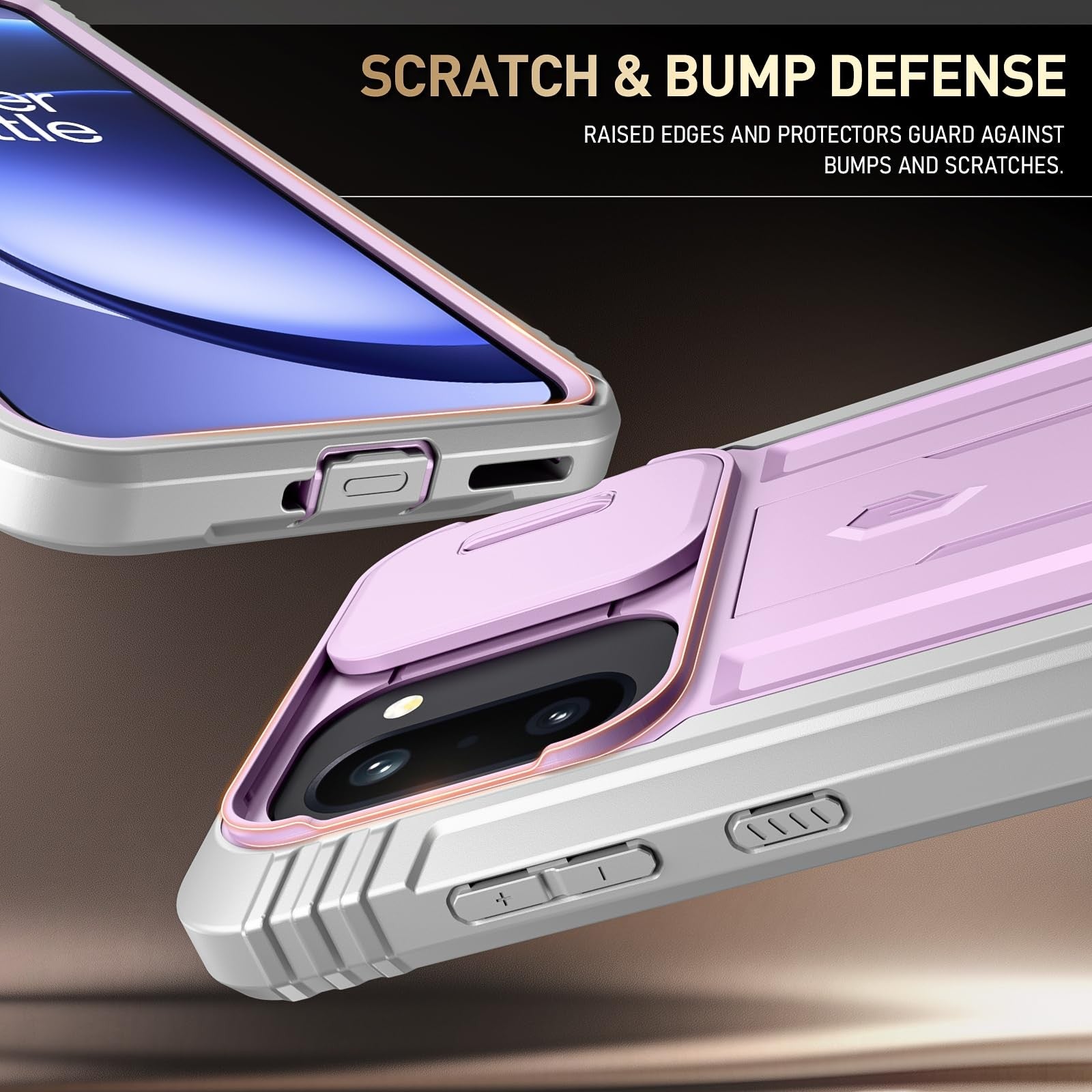 Poetic Revolution case for OnePlus 15R 5G with slide camera cover and military-grade durability, shown on a smartphone.