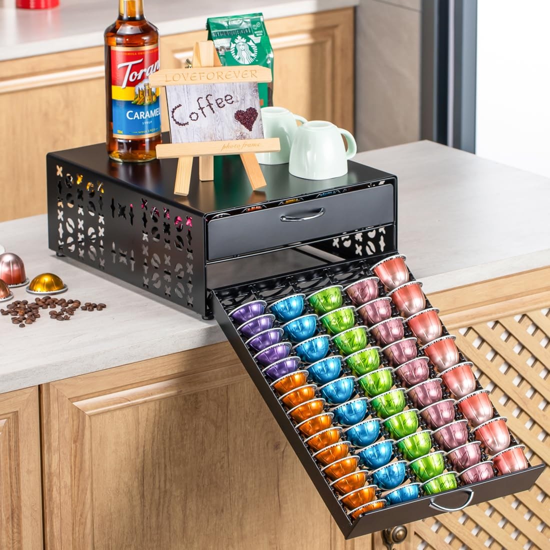 FlagShip Vertuo pod holder and coffee storage organizer for Nespresso, large capacity, black plastic with multiple compartments.