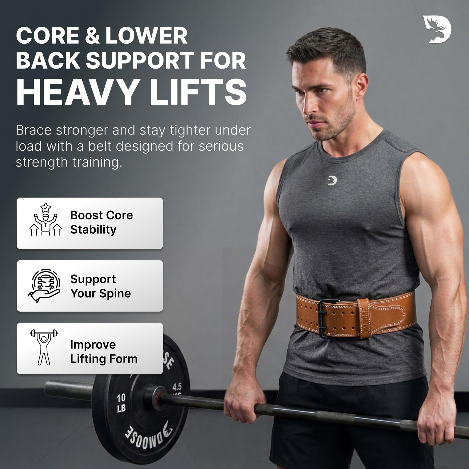 Genuine leather Dmoose Fitness weightlifting belt for men and women, showing the sturdy, adjustable design and black finish.