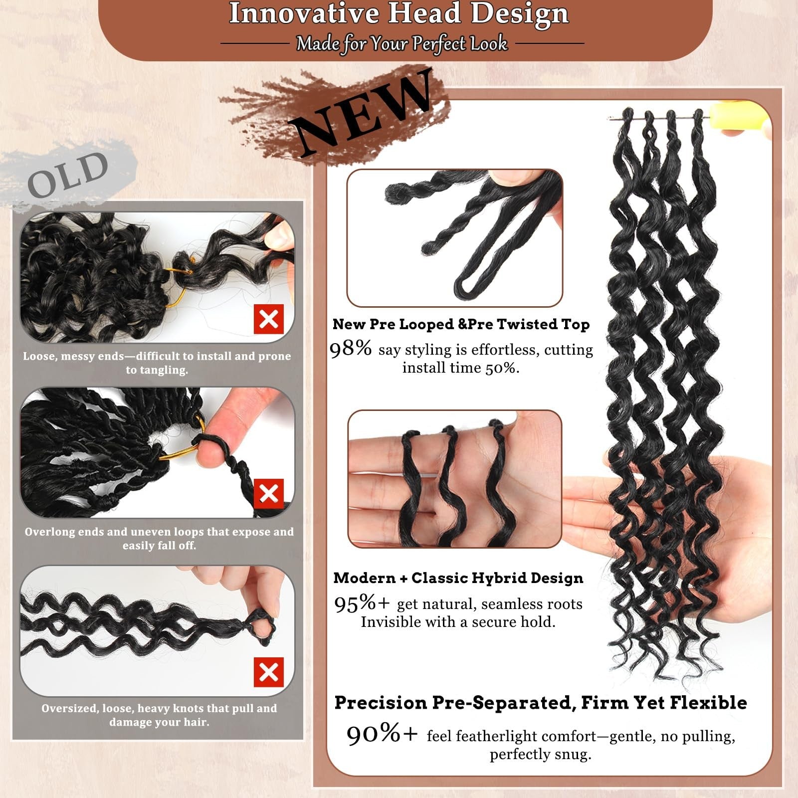 AIBEO 120 strands of curly crochet hair made from pure protein fiber, resembling natural human hair, displayed in a close-up view.