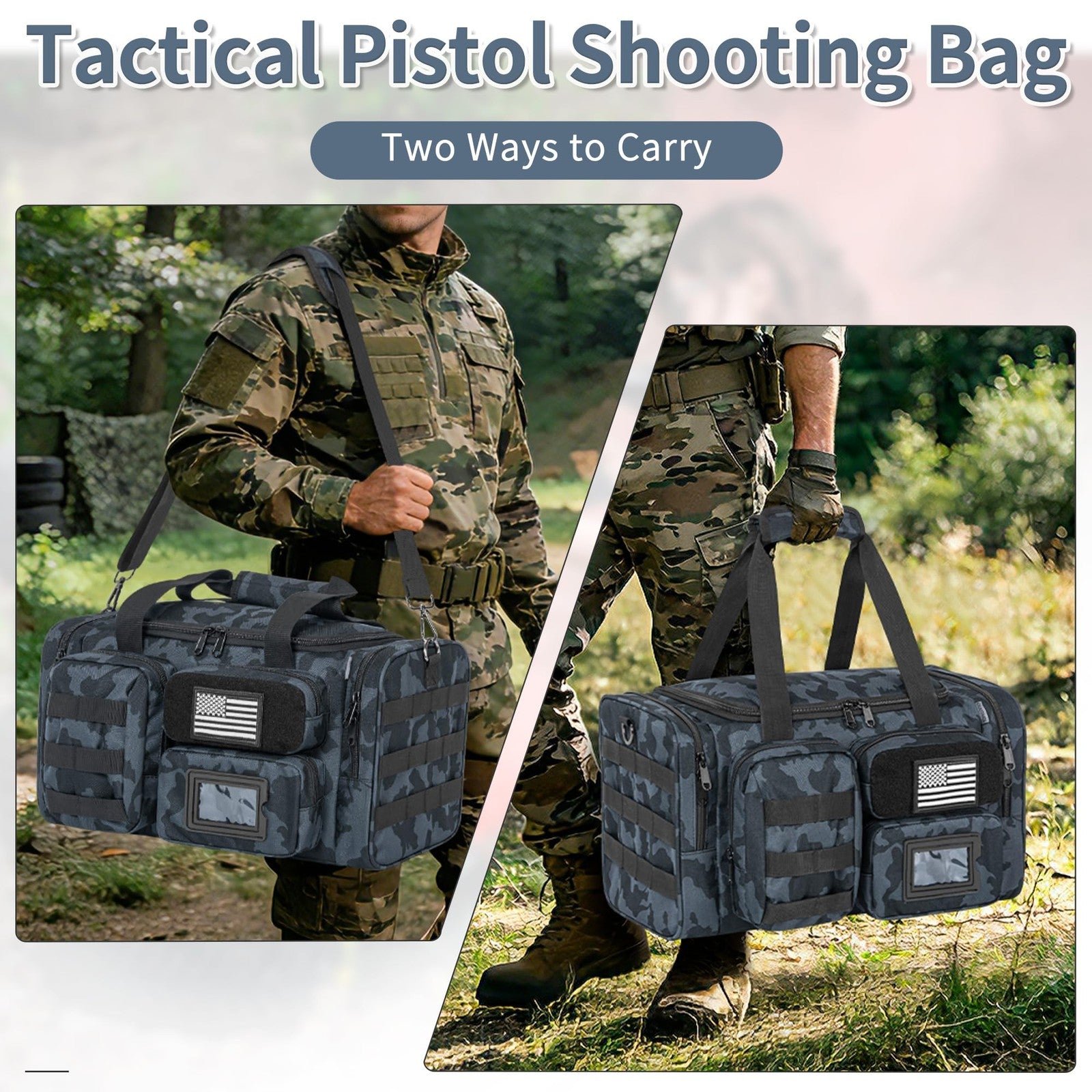 OUUTMEE tactical pistol range bag with multiple compartments, designed for carrying four handguns and shooting accessories.