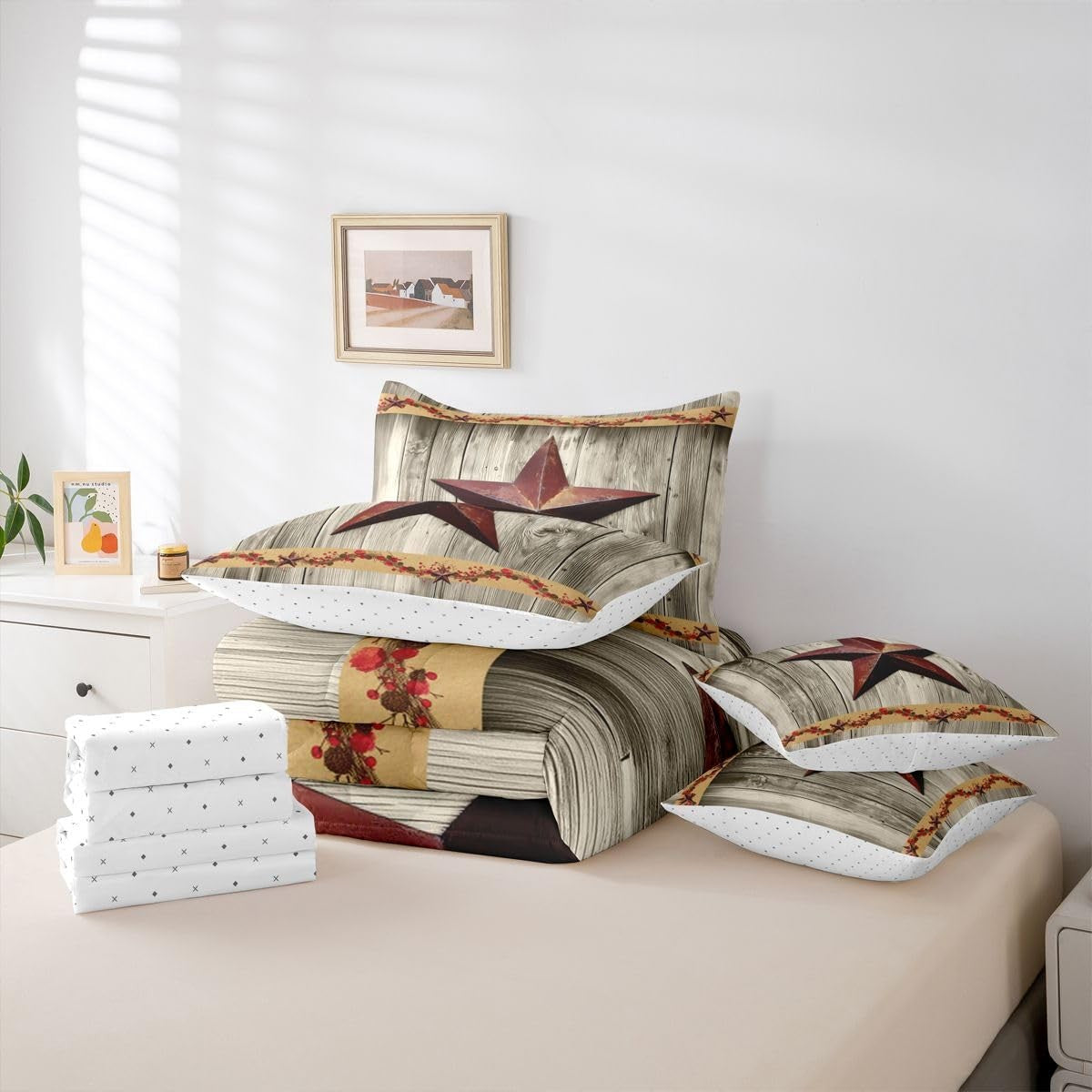 Erosebridal Western Texas Star 7-piece queen bedding set with retro farmhouse design, featuring star patterns on soft fabric.