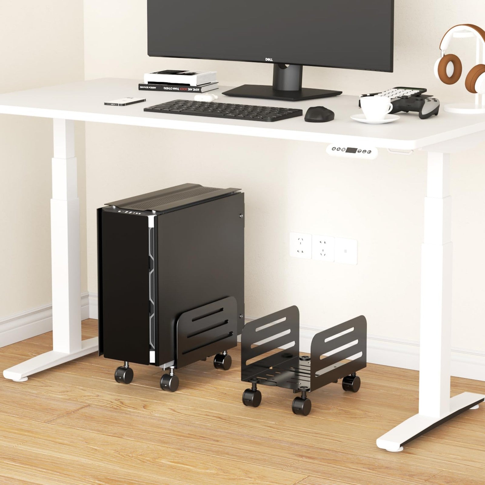 Suptek mobile CPU tower stand with adjustable height, rolling cart, and locking wheels for easy computer hardware management.