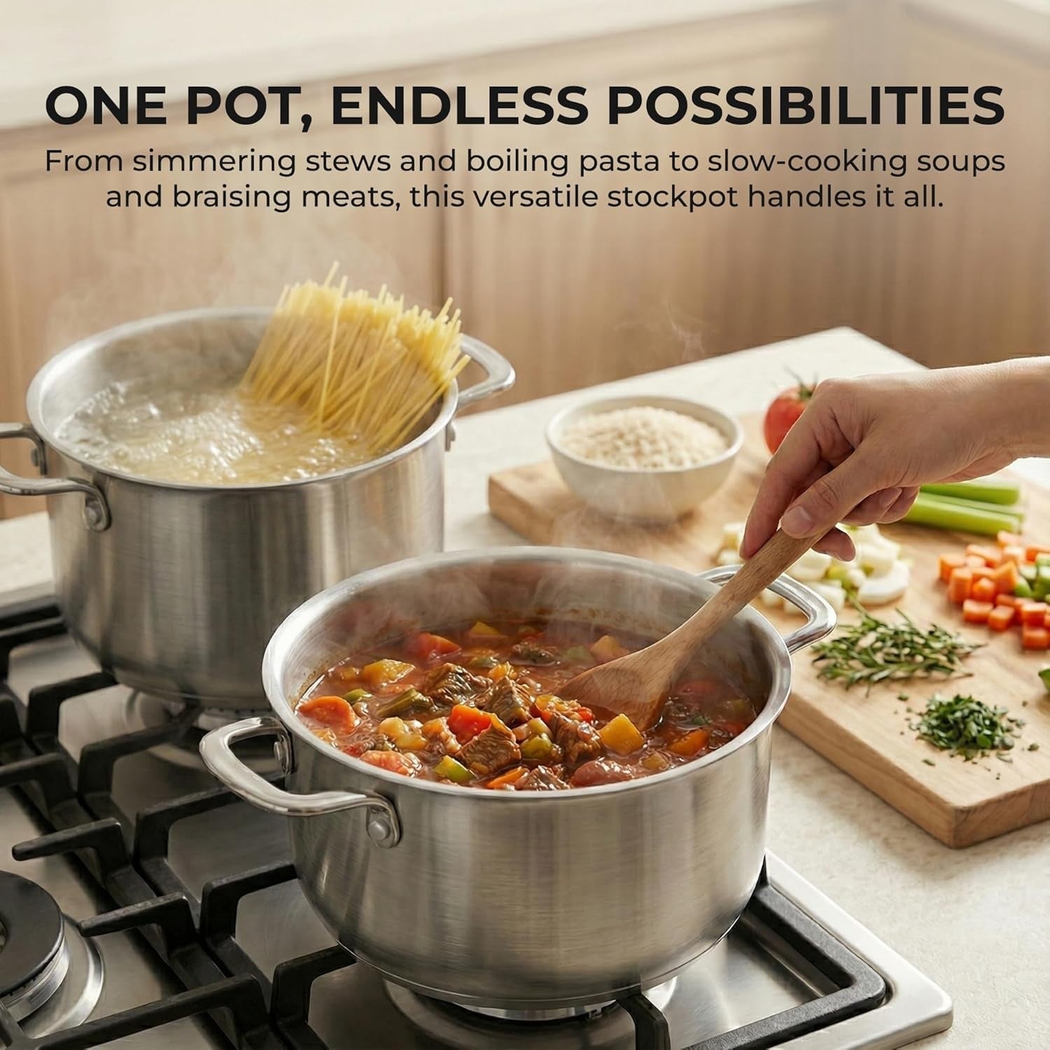 Sunhouse 6.5 quart stainless steel stock pot with heavy-duty construction, ideal for induction cooking and large meal preparation.