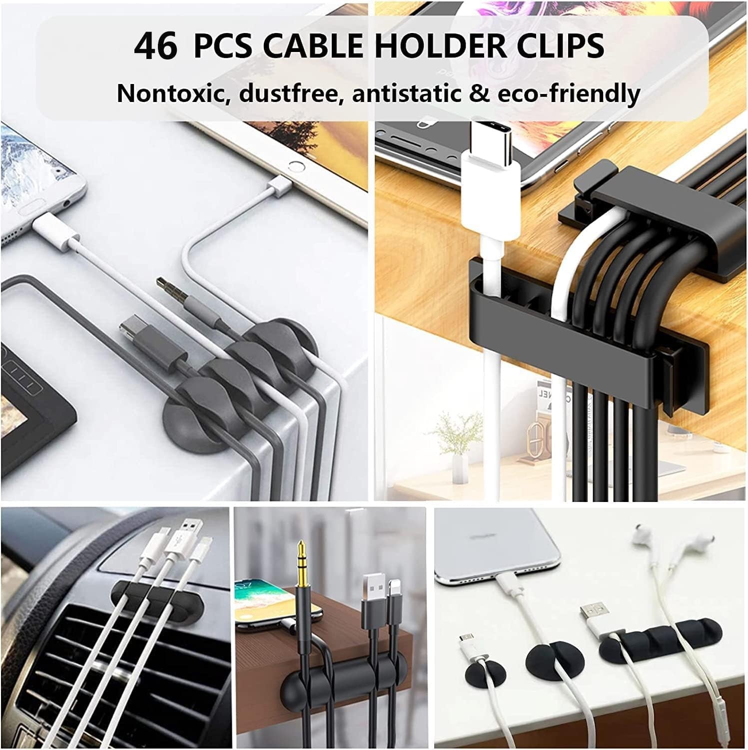 N NOROCME cord management organizer kit with 4 cable sleeves and 41 self-adhesive cable clips for organizing electronic cables.