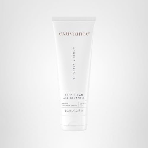 EXUVIANCE Deep Clean AHA foaming face cleanser with glycolic acid, showing the bottle and foaming soap lather.