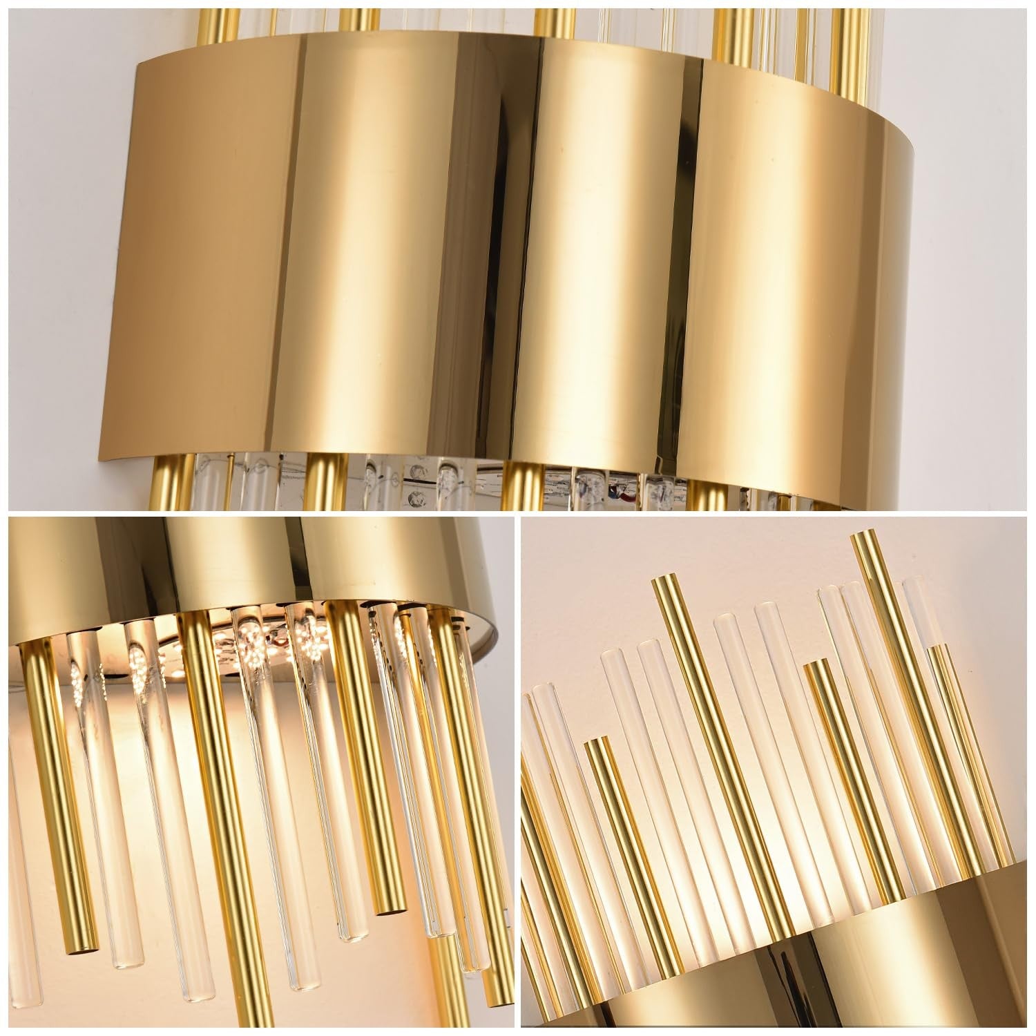 Modern crystal wall sconces set featuring LED lighting and sleek designs, perfect for stylish wall decor.