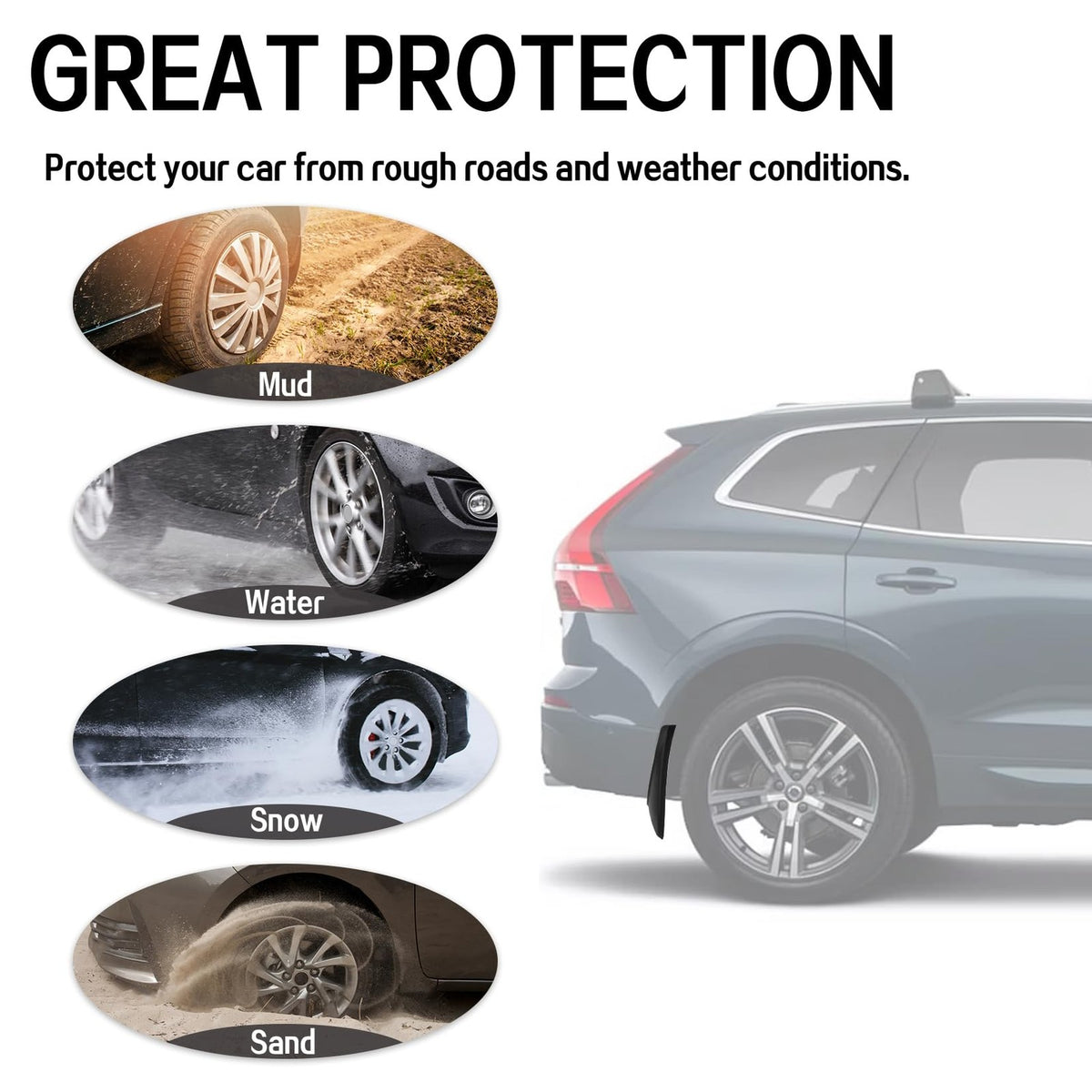 PSLER mud flaps set for Volvo XC60 2018-2024, four-piece splash guard kit with durable mud guards for vehicle protection.