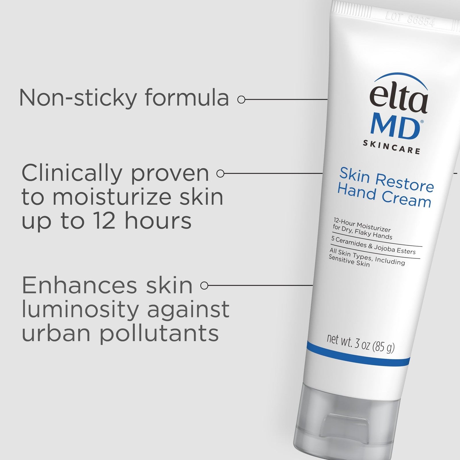 EltaMD Skin Restore Hand Cream tube with white and blue packaging, showing the product standing upright on a neutral background.