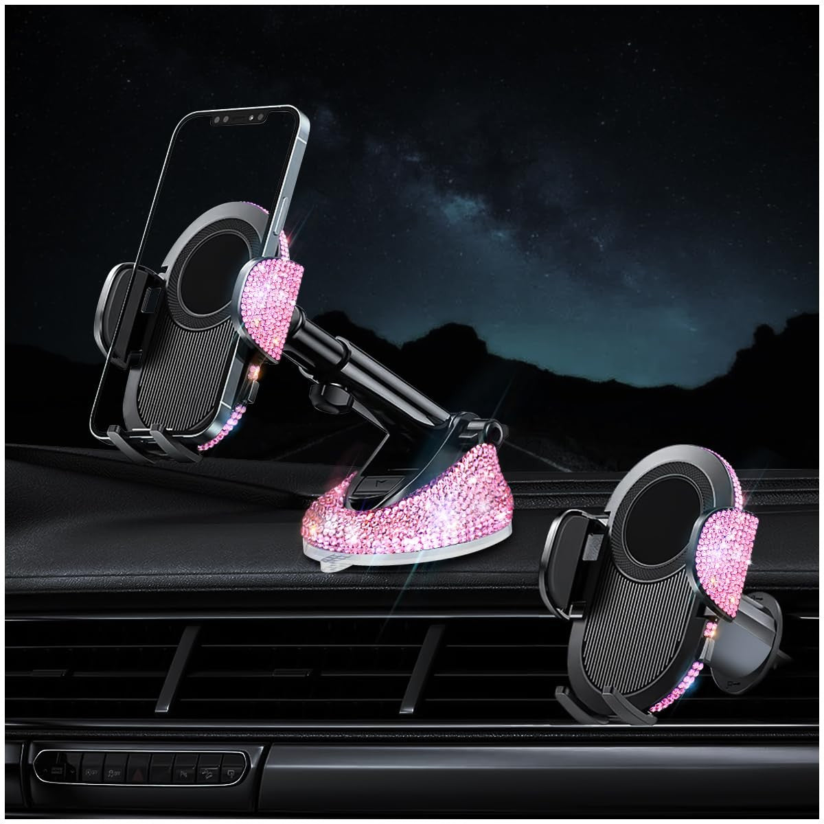 Erolagomat Bling cell phone holder for car with powerful suction, featuring sparkly rhinestones and rally racing-inspired design.