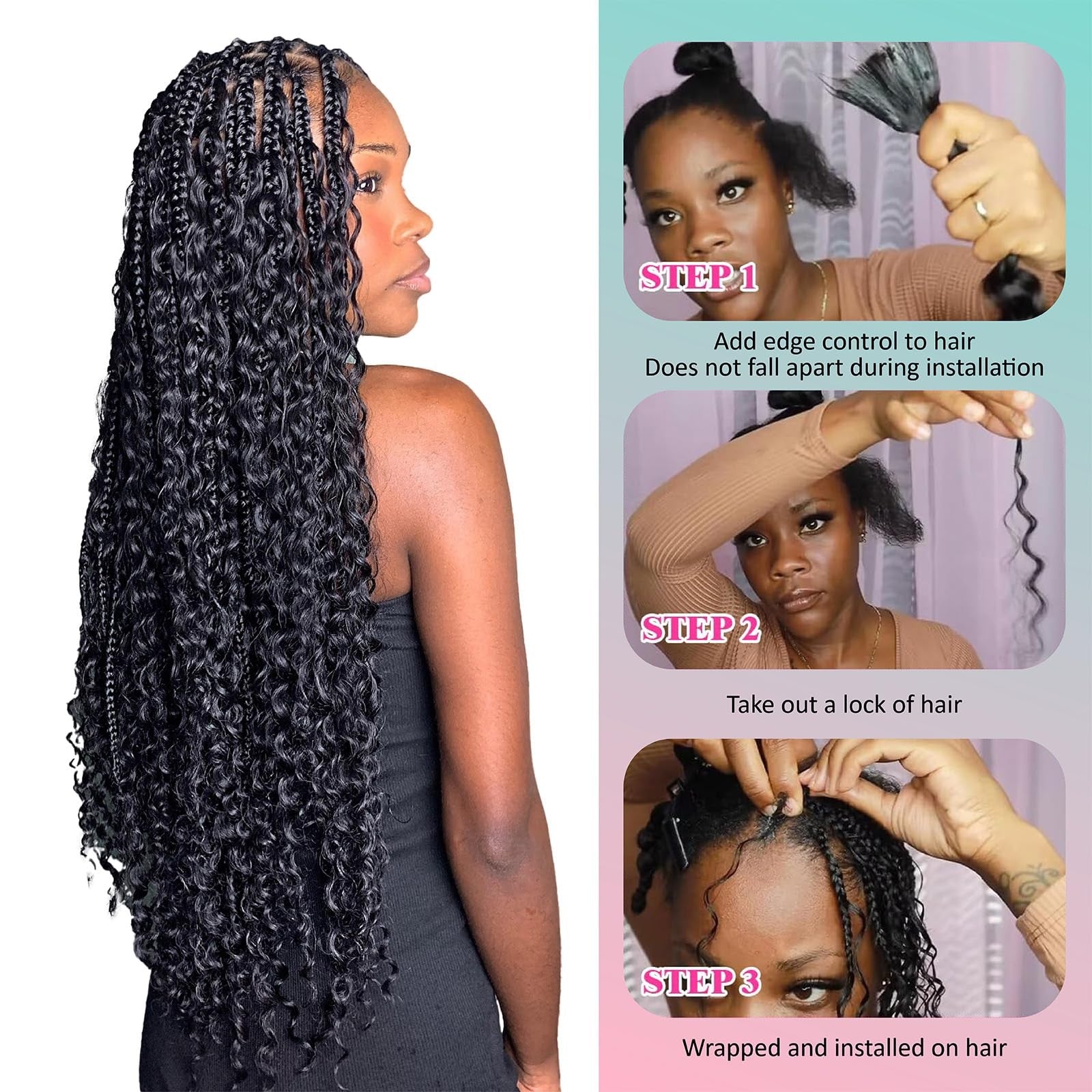 Curly kinky boho braiding hair in 26-inch length, bulk hair for boho braids, shown in natural black color.