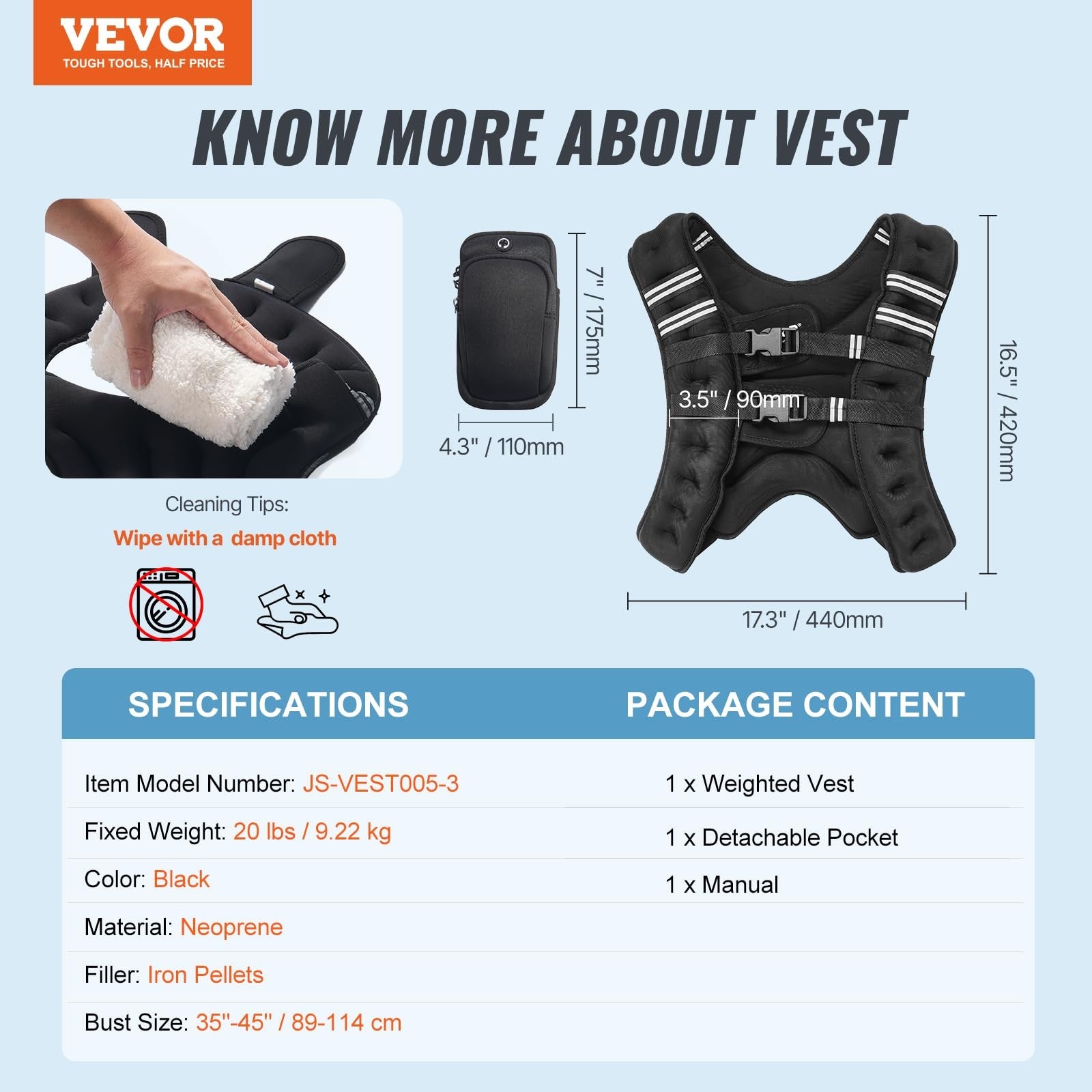 VEVOR 20 lb weighted vest with reflective stripes and adjustable buckle for fitness and strength training.