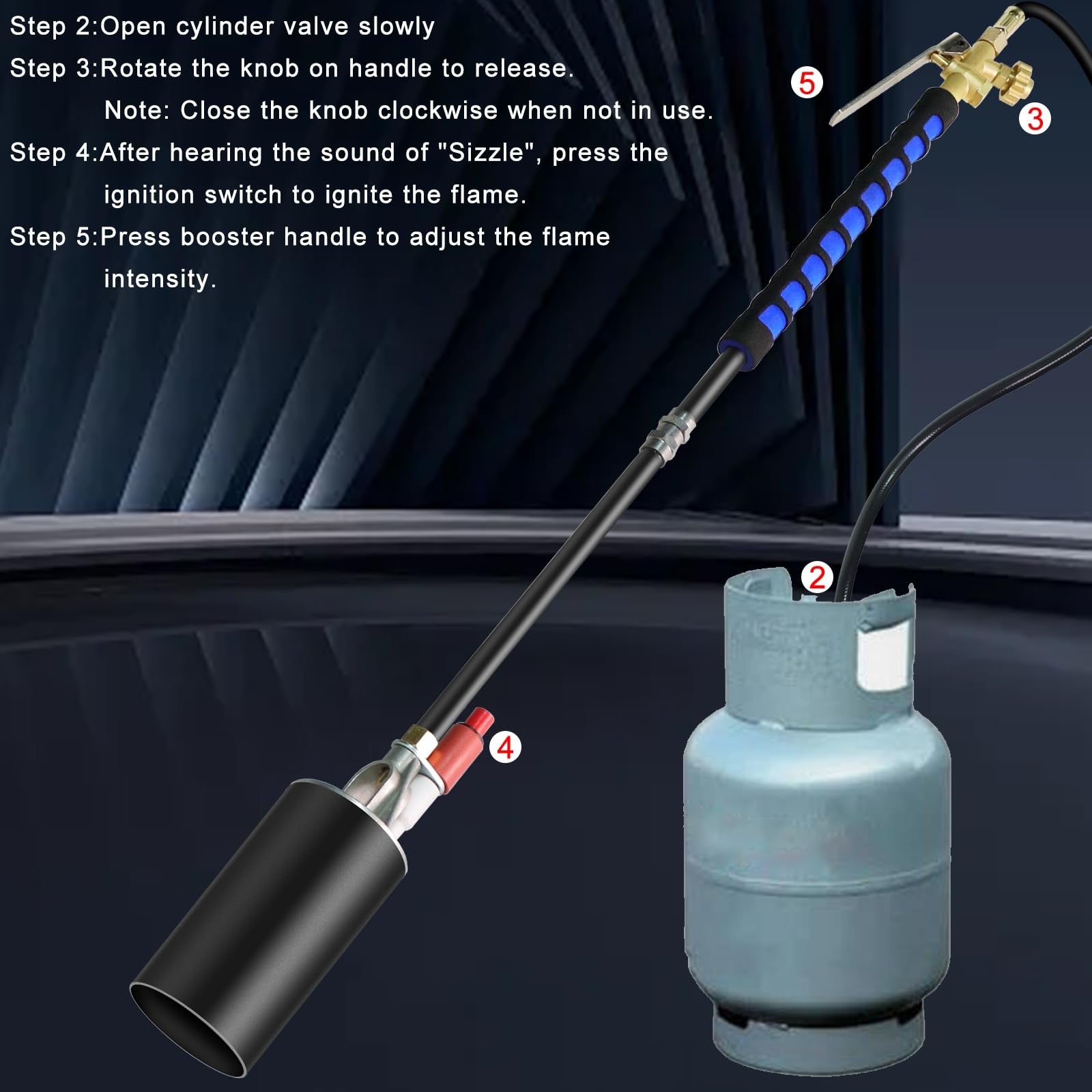 ROIKETU propane torch weed burner with self-ignition and flame control, outdoor weed removal tool with a sturdy handle and metal nozzle.
