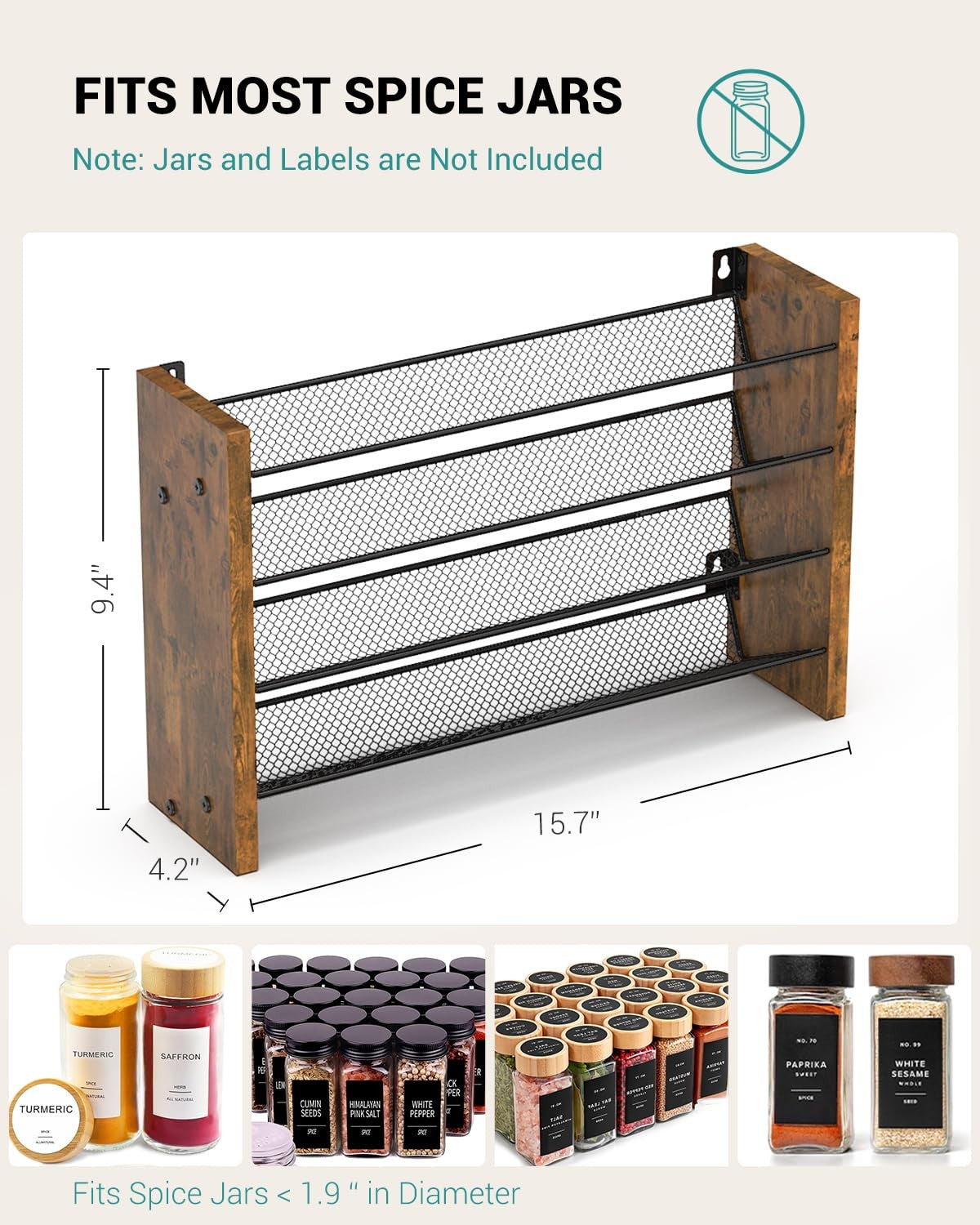 NESAPTO wooden 4-tier spice rack organizer mounted on kitchen wall with spice jars in a pantry cabinet.