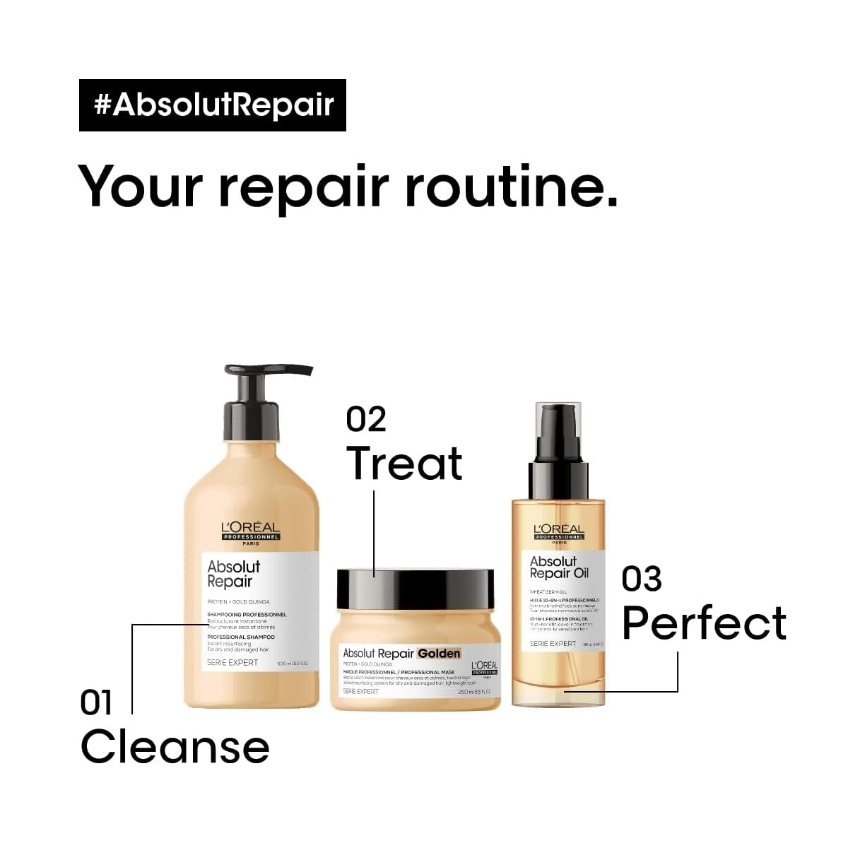 L'Oréal Professionnel Absolut Repair Golden Mask for damaged hair, creamy hair treatment in a jar with golden accents.
