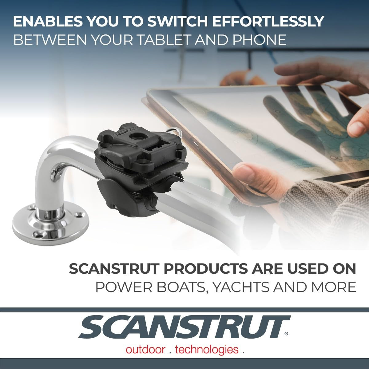 Scanstrut RLS-402 Rokk Mini Rail Mount attached to a boat rail, showcasing its compact design for marine device mounting.