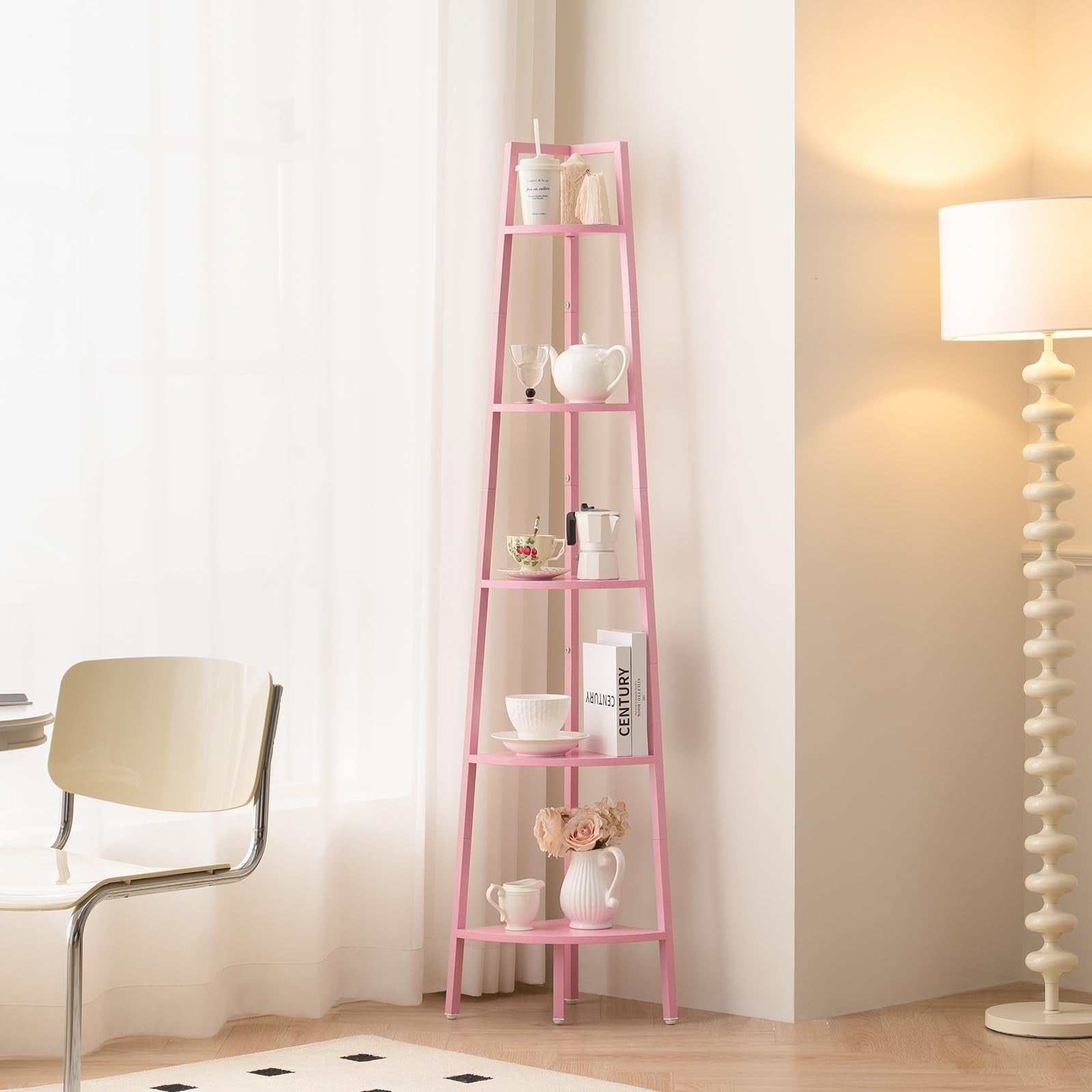 Yoobure 5-tier corner bookshelf with metal frame, ladder-style design, and wooden shelves for organized storage in living spaces.