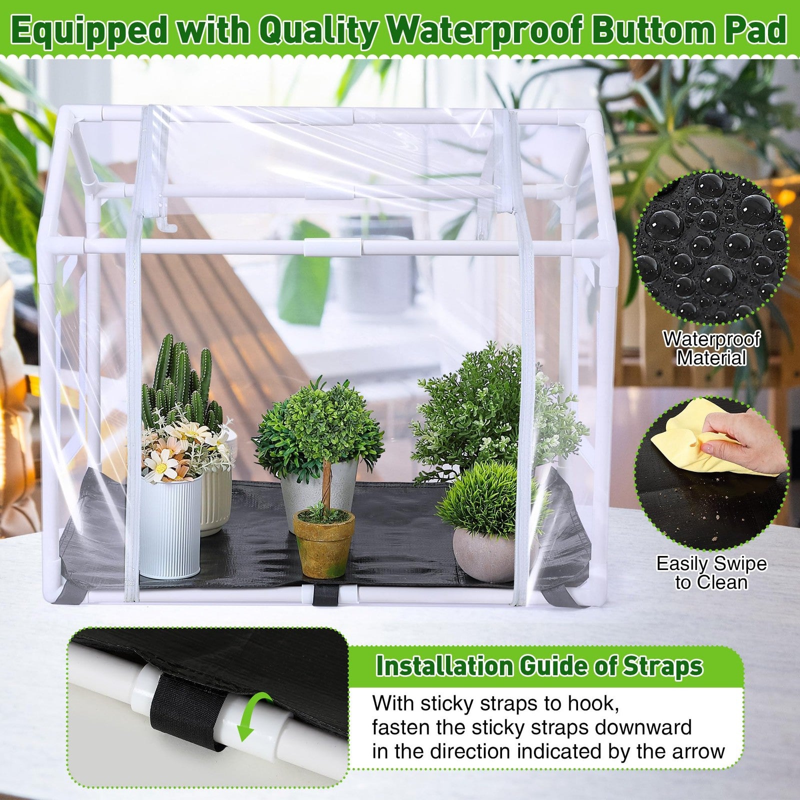 Meonum Mini Greenhouse with Potting Mat for indoor plants, portable and heavy-duty, ideal for seed starting and plant propagation.