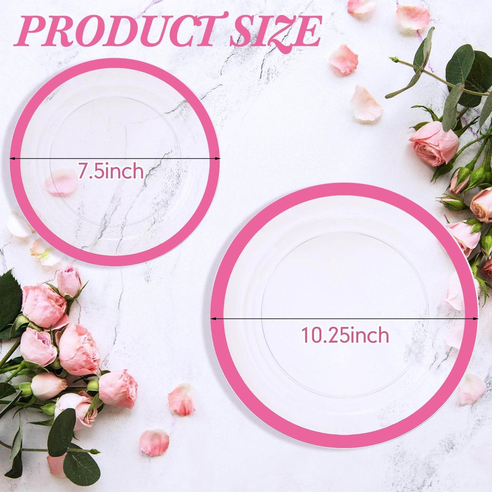 Wesiti 100-Pcs clear plastic plates set with pink rim, includes 50 dinner plates 10.25" and 50 plates 7.5" for weddings and parties