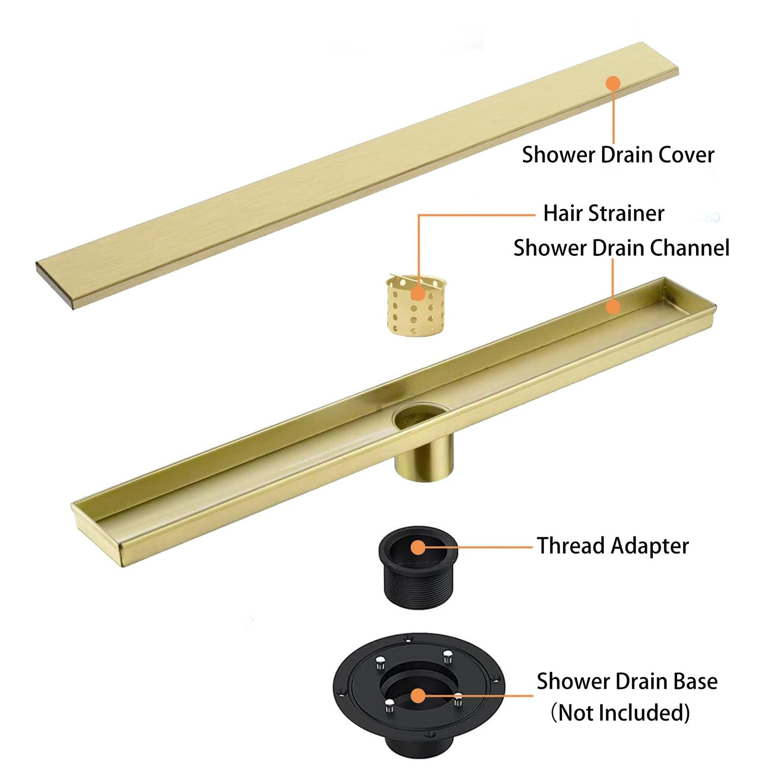 Eblog 24-inch stainless steel linear shower drain with removable grate, AISI 304 steel, gold finish, for modern bathroom flooring.