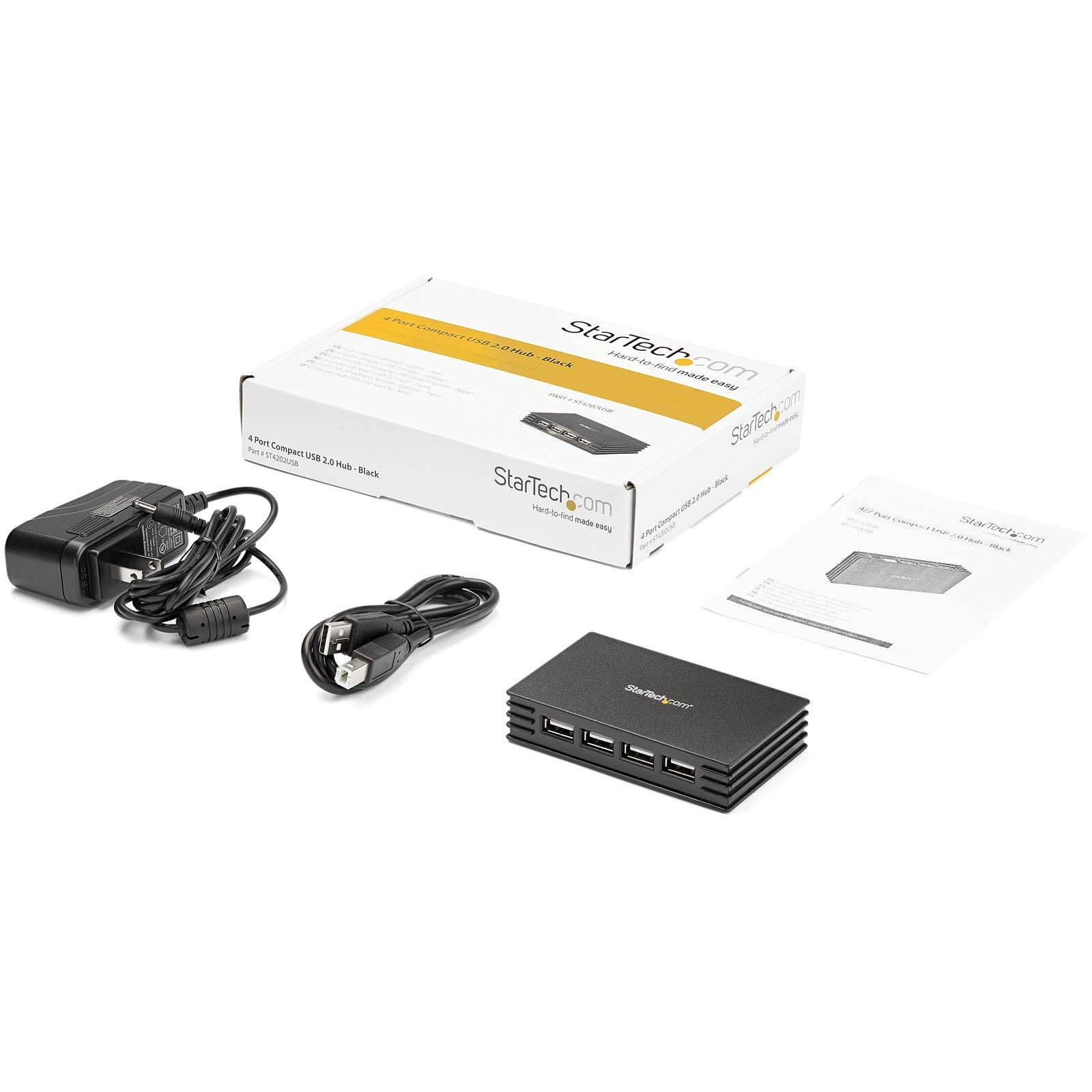 StarTech.com 4-port black USB 2.0 hub showing compact design with ports, bus-powered option, and included power adapter.