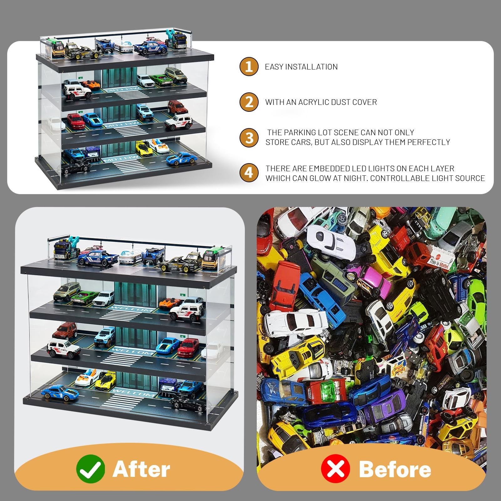 GALUMO 1/64 scale display case for Hot Wheels and Matchbox cars, showcasing LED lighting and clear glass panels for viewing.