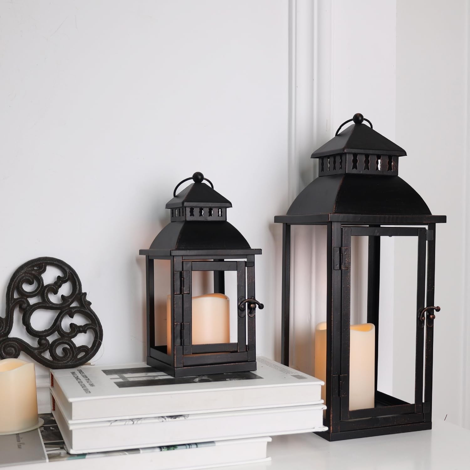 NEEDOMO LED lanterns set of 2, large bronze metal decorative outdoor and indoor lanterns with warm light.