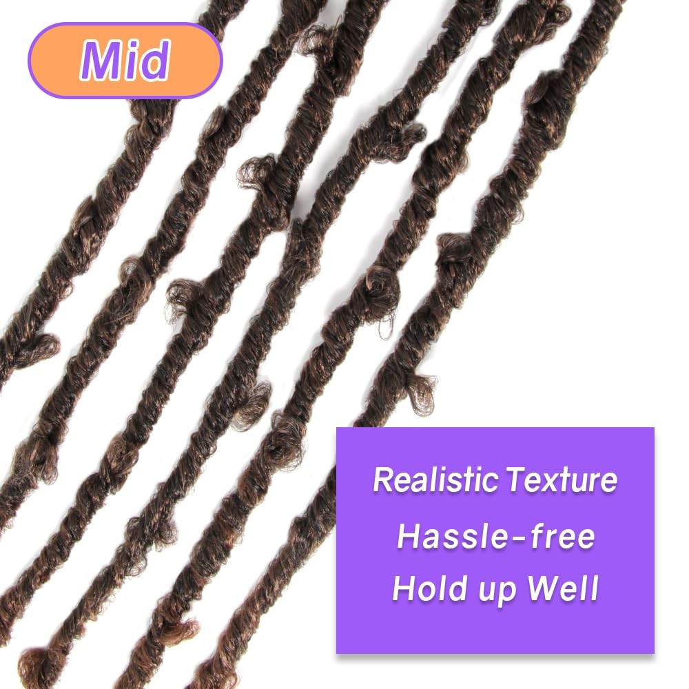 Crochet butterfly locs with curly ends, 36 inches long, boho distressed style, showcasing textured, natural-looking locs.