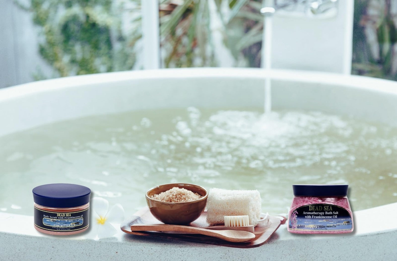 Salt body scrub with frankincense from J. Malki Products Malki Dead Sea collection, featuring exfoliating salt and aromatic frankincense.