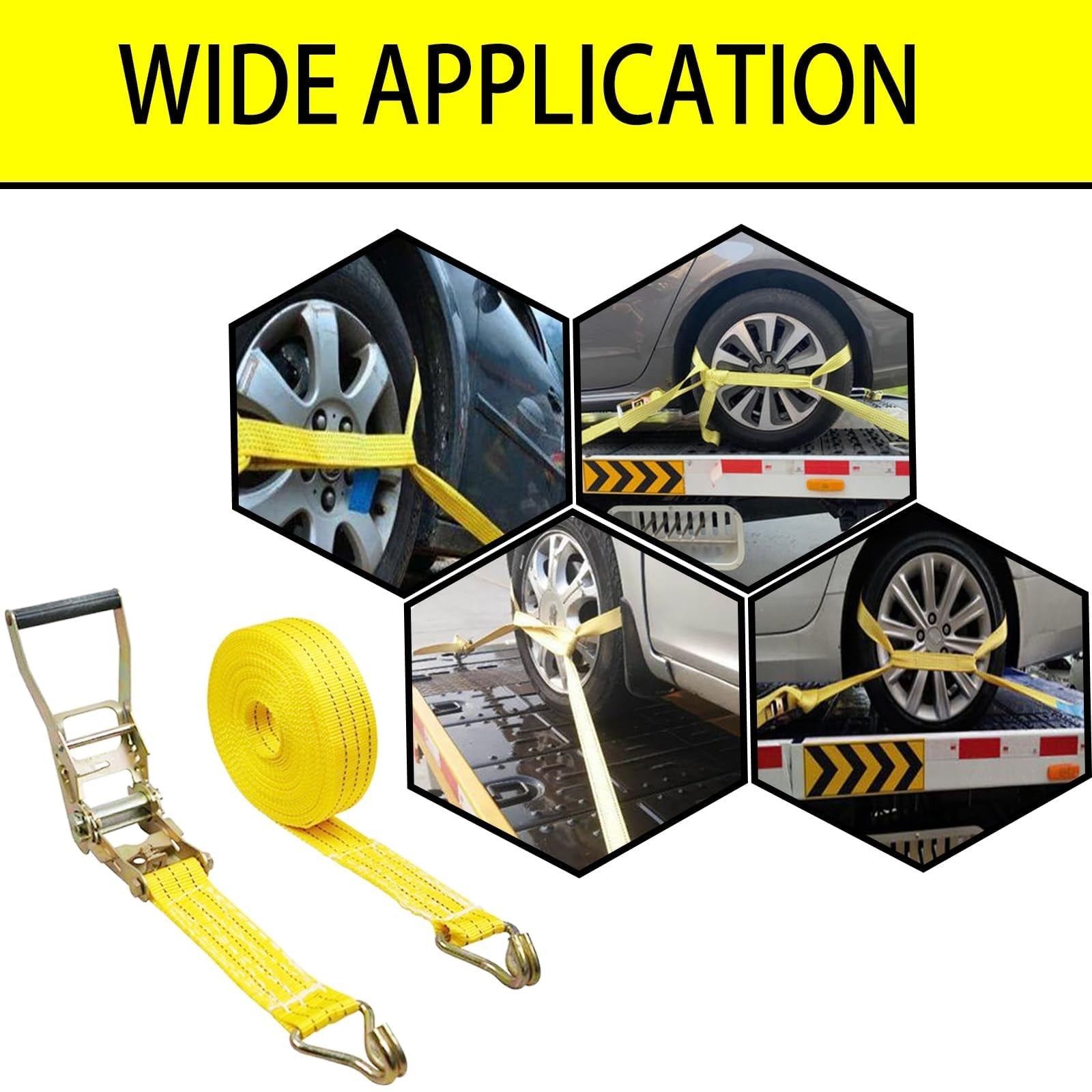 Heavy duty MNMAJE ratchet straps with 2-inch width and 8000 lbs break strength for secure tie-downs and cargo transportation.