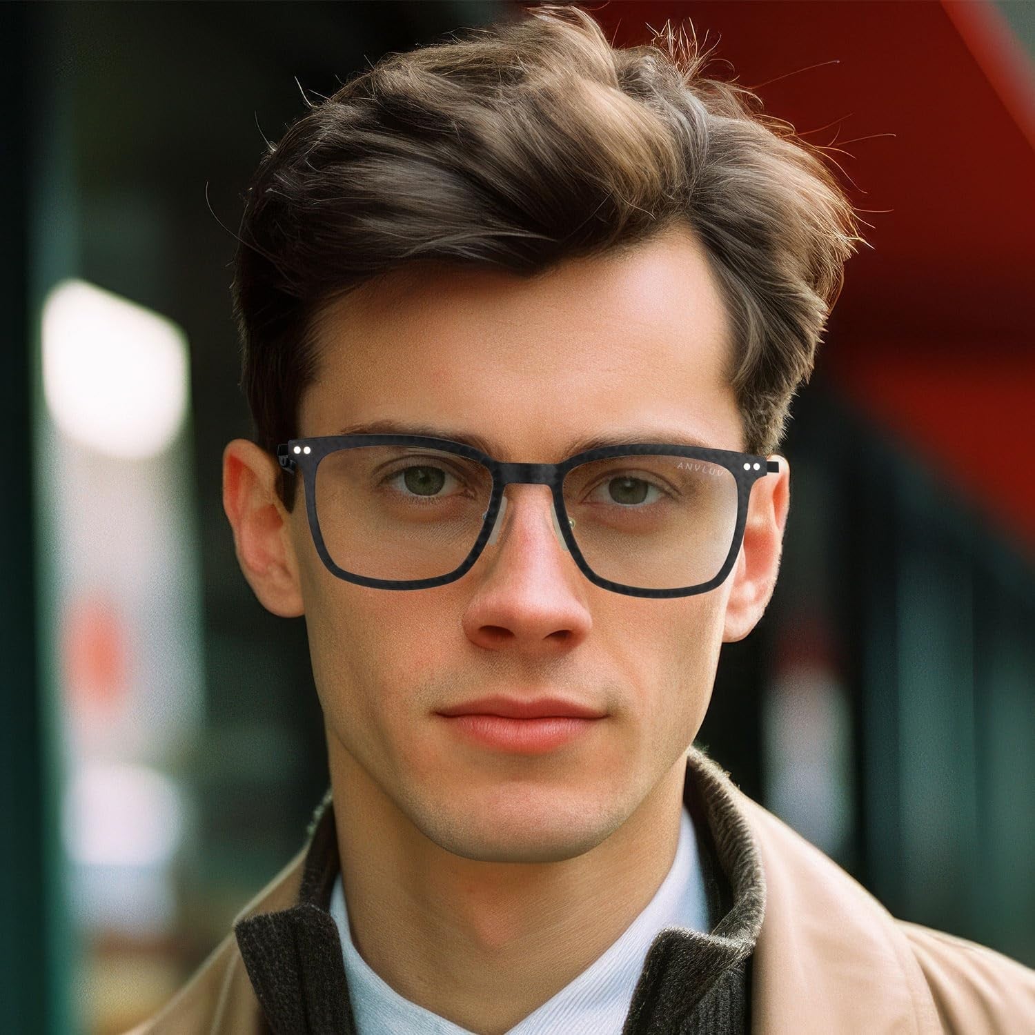 ANYLUV blue light glasses for men with stylish square carbon fiber frames, designed to reduce eye strain and enhance comfort.