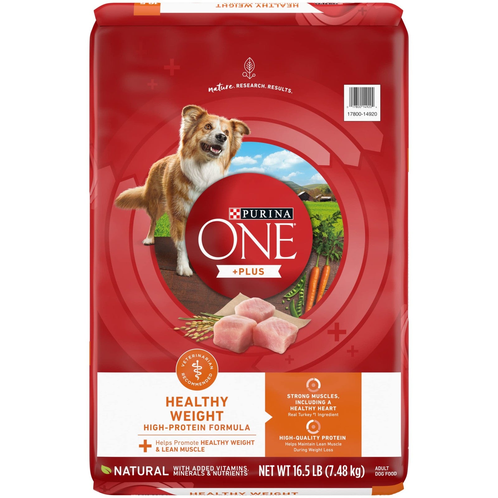 Bag of Purina ONE Plus Healthy Weight high-protein dry dog food, 16.5 lb. size, featuring images of healthy, active dogs on the packaging.