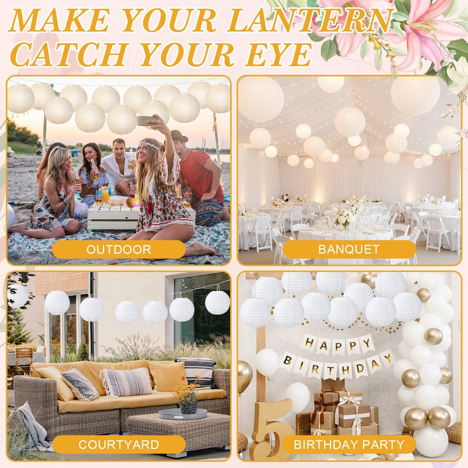 White Chinese Japanese paper lanterns hanging decorative balls, 48-pack by Treela for festive home or event decor.