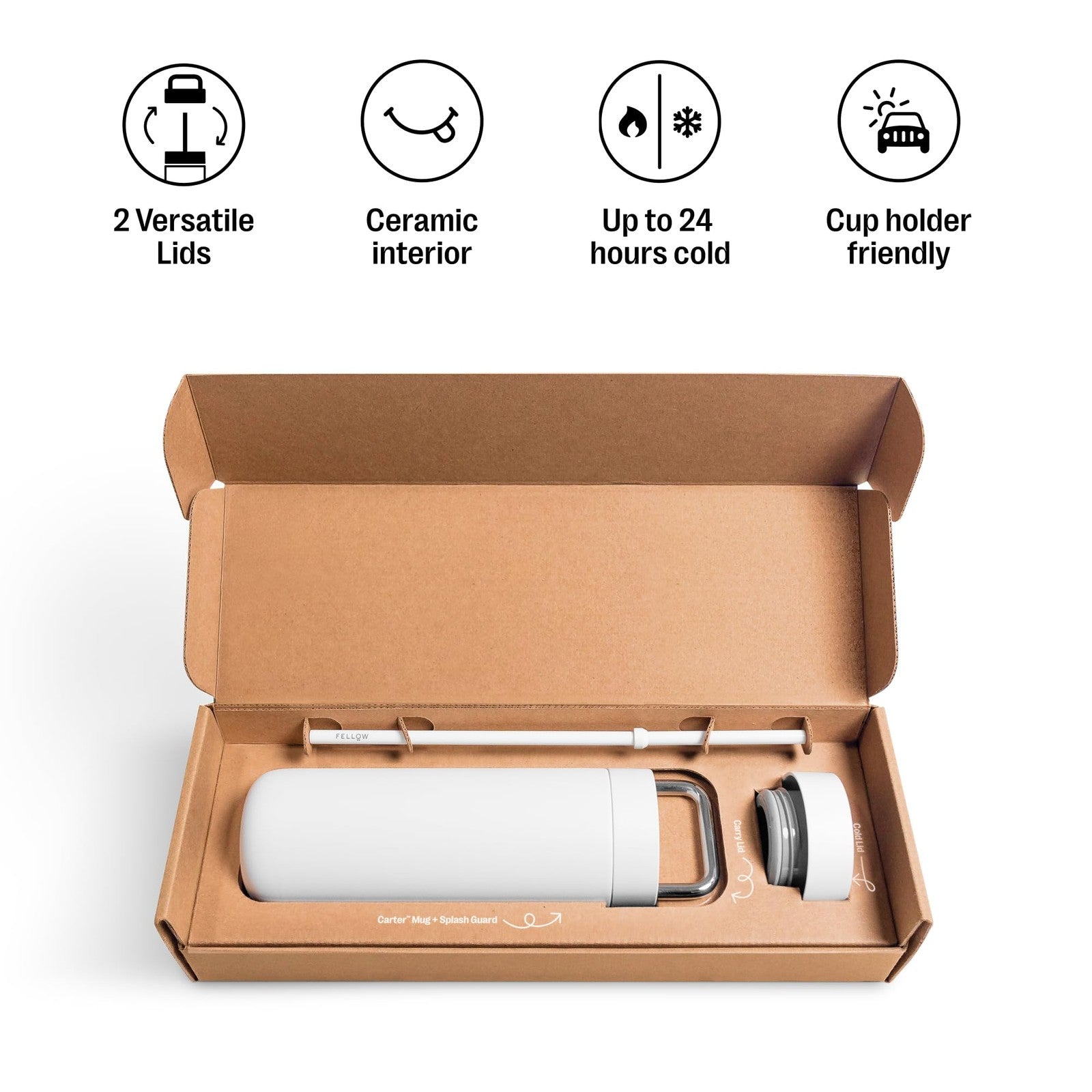Fellow 20 oz Carter water bottle with leak-proof metal handle lid, clear body showing water inside, on a neutral background.