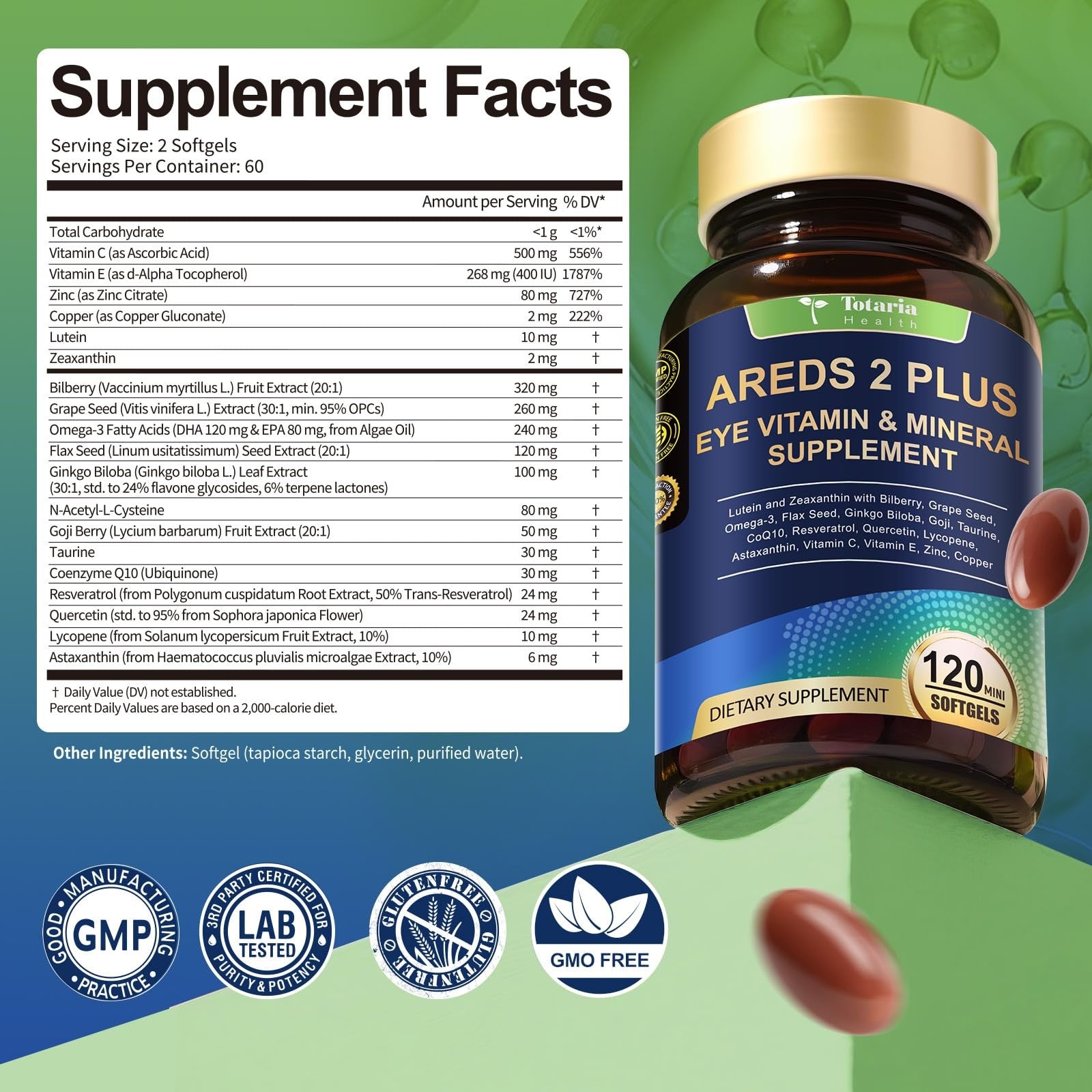 Bottle of Totaria 19-in-1 AREDS 2 eye vitamins with macular, dry eye, lutein, and zeaxanthin supplement for eye health.