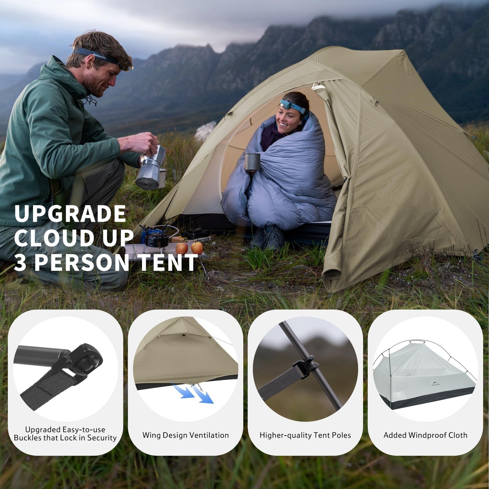 Naturehike Cloud Up 3-person backpacking tent footprint for 3-season camping, shown laid flat on the ground.