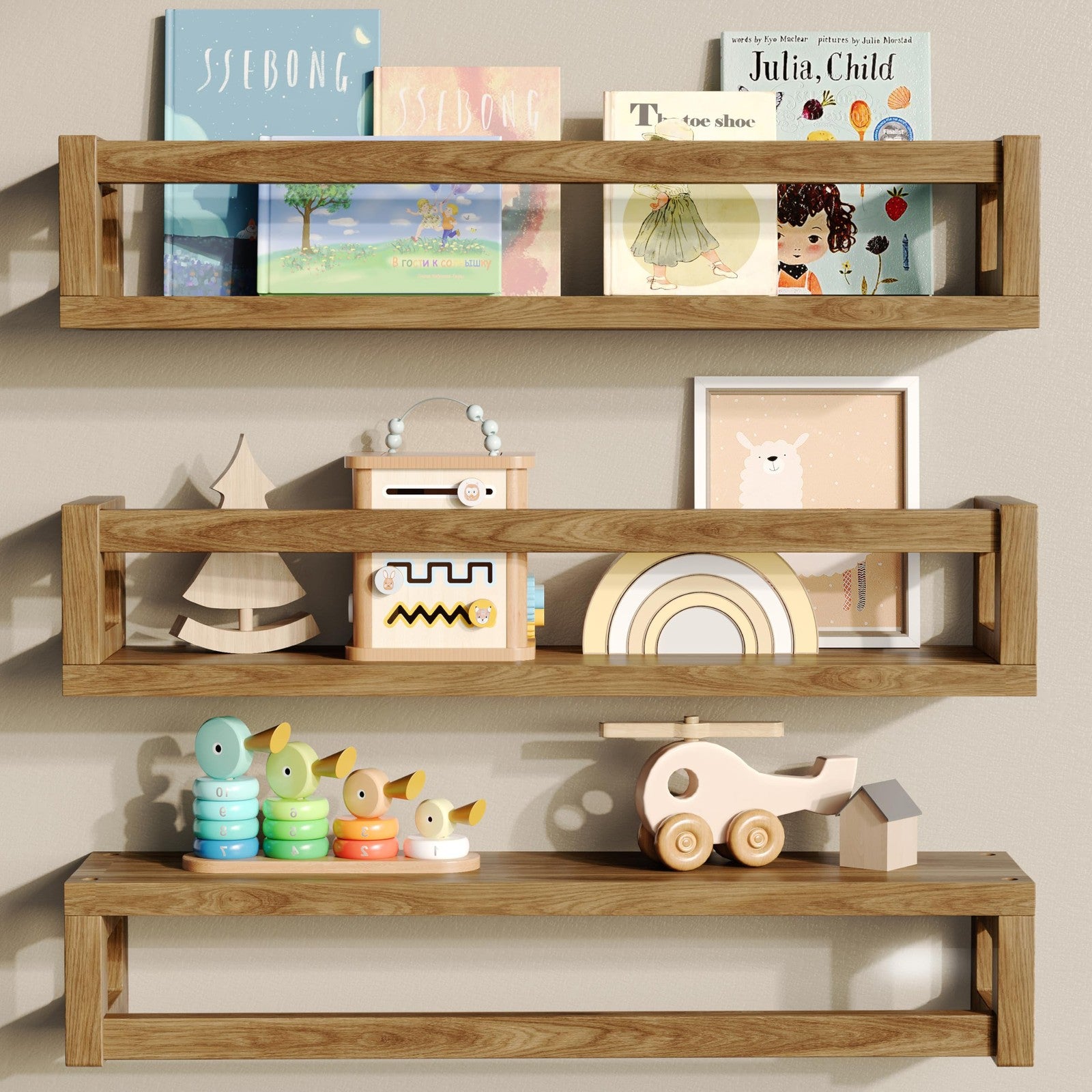 TidyCorner upgraded thick floating solid wood shelves mounted on wall, ideal for displaying books and decor in modern interiors.