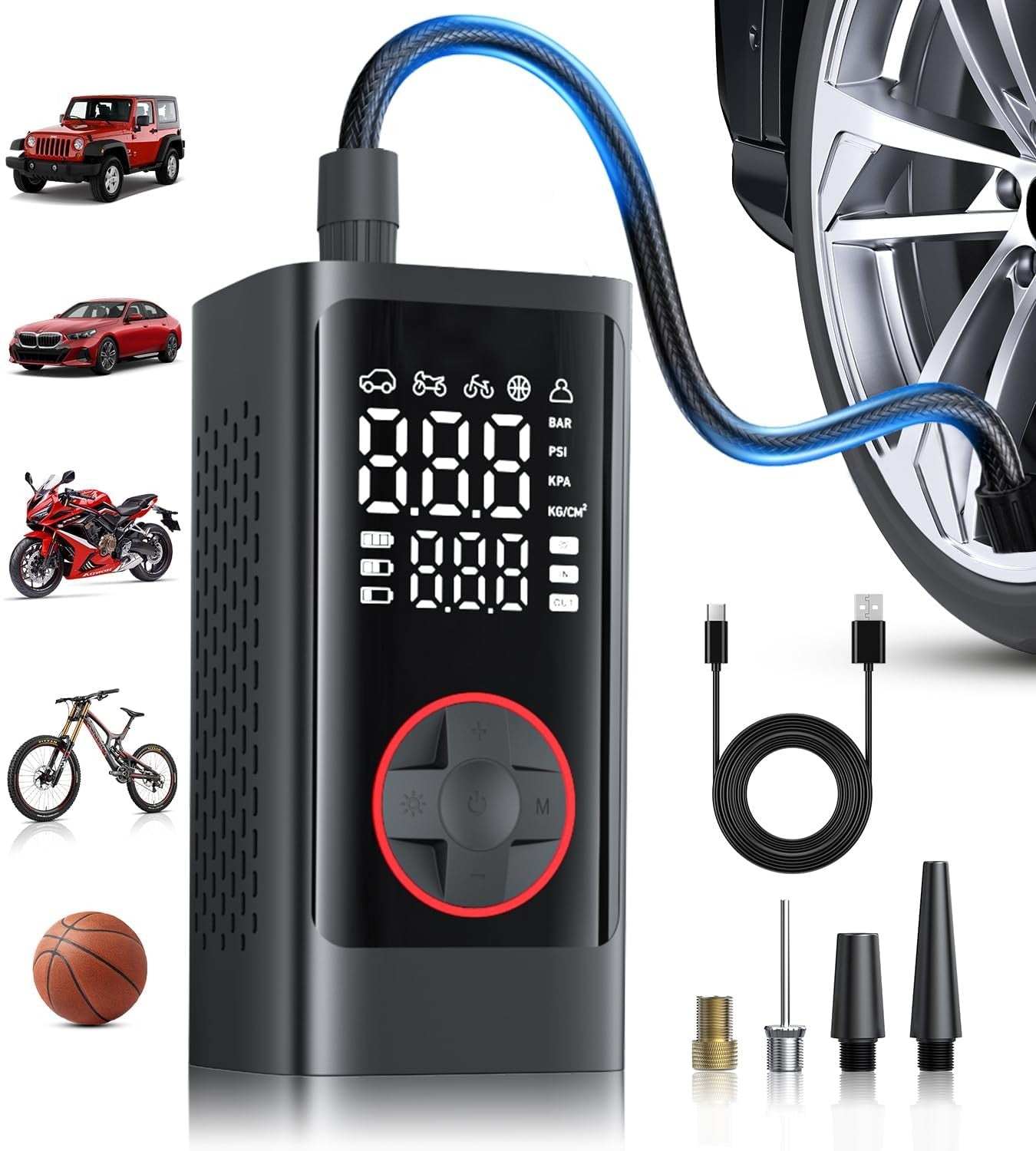 JUSUOX portable cordless tire inflator air compressor with digital display and 150 PSI for car tires.