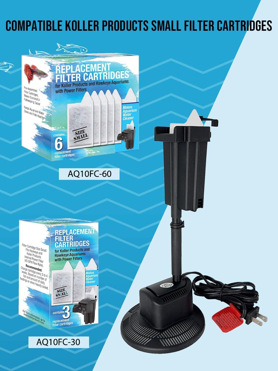 Koller Products AquaView 3-gallon aquarium with 7-color LED lighting, clear glass tank with water and aquatic decorations inside.