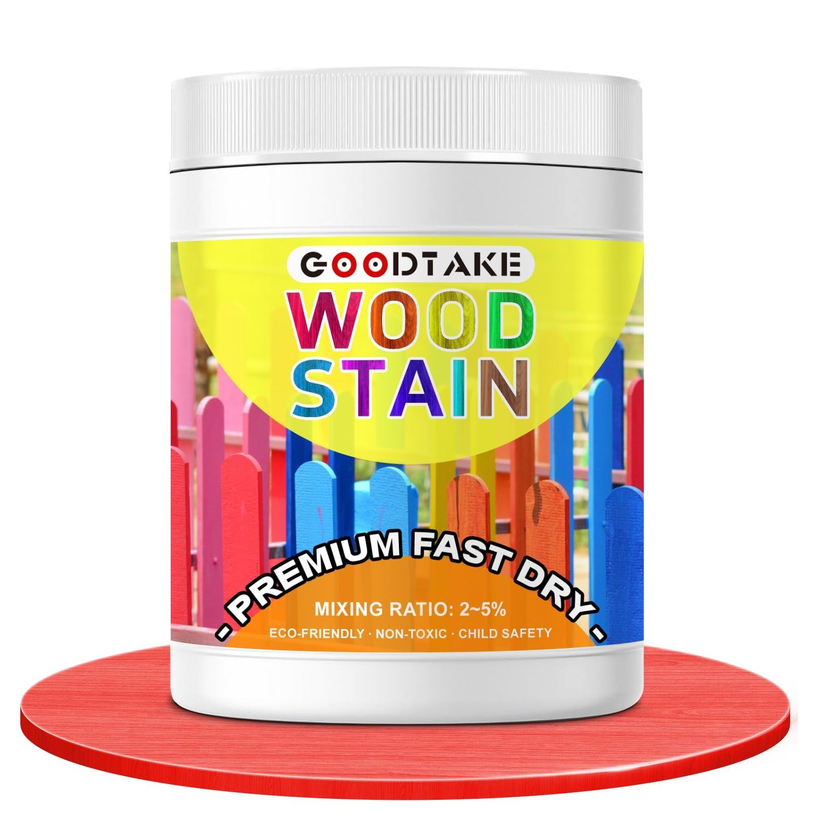 Vibrant red GOODTAKE wood dye stain for indoor outdoor furniture, 16oz, showcasing a smooth, glossy wood surface with rich color.