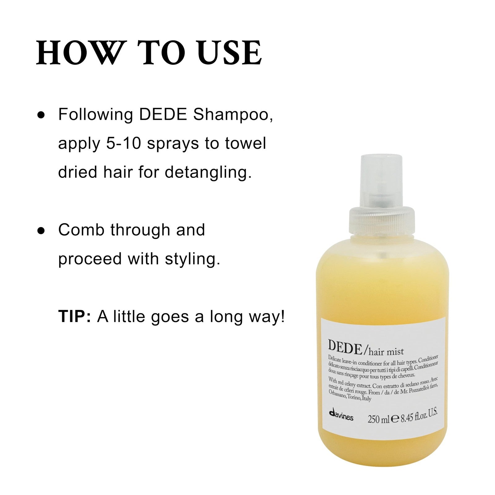 Davines DEDE Hair Mist lightweight leave-in conditioner spray on hair, adding moisture and shine to styled hair.