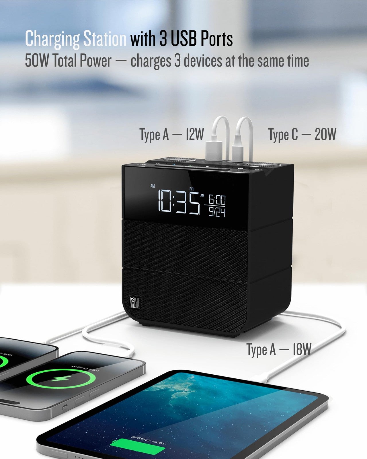 Soundfreaq Sound Rise II bedside alarm clock radio with Bluetooth speaker, digital display, and control buttons on top.